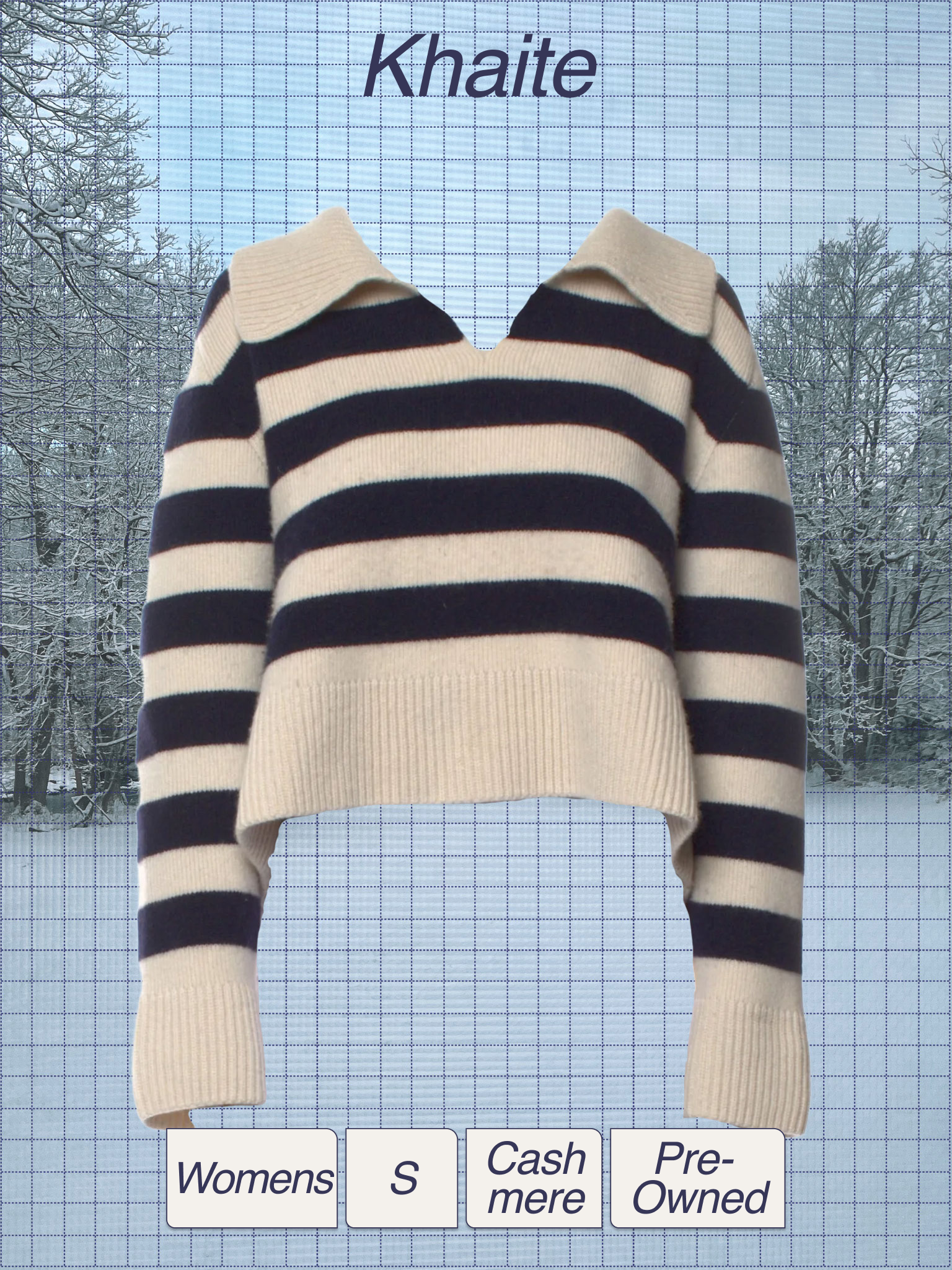 A black and white striped sweater displayed on a mannequin torso, with a snowy winter landscape and trees in the background, and the word "Khaite" above it.
