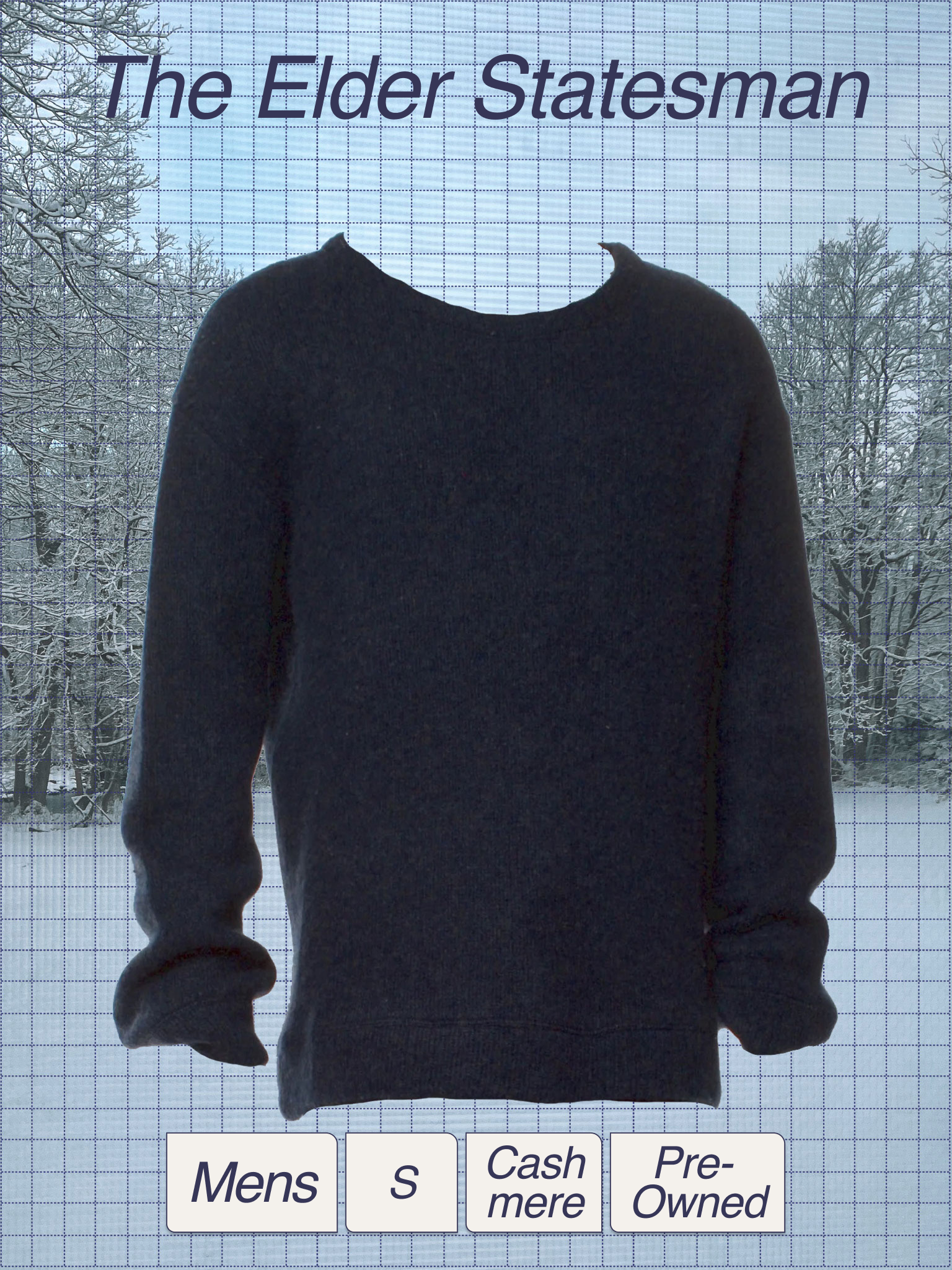 A man wearing a dark sweatshirt standing outdoors during winter with snow-covered trees in the background, overlooking a snowy landscape.