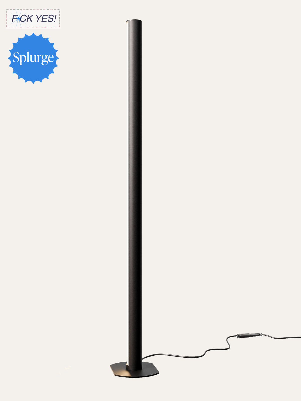 A tall black speaker with a power cord attached is shown against a white background. There are text and graphic overlays in the upper left corner, with the phrases 'F CK YES!' and a blue badge labeled 'Splurge'.