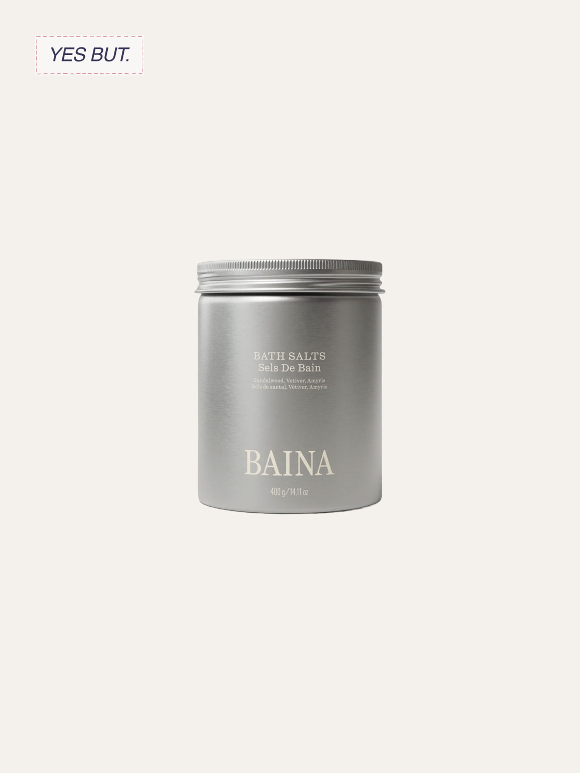Silver container labeled 'BATH SALTS' with the brand name 'BAINA', showing 400 grams, set against a plain background.