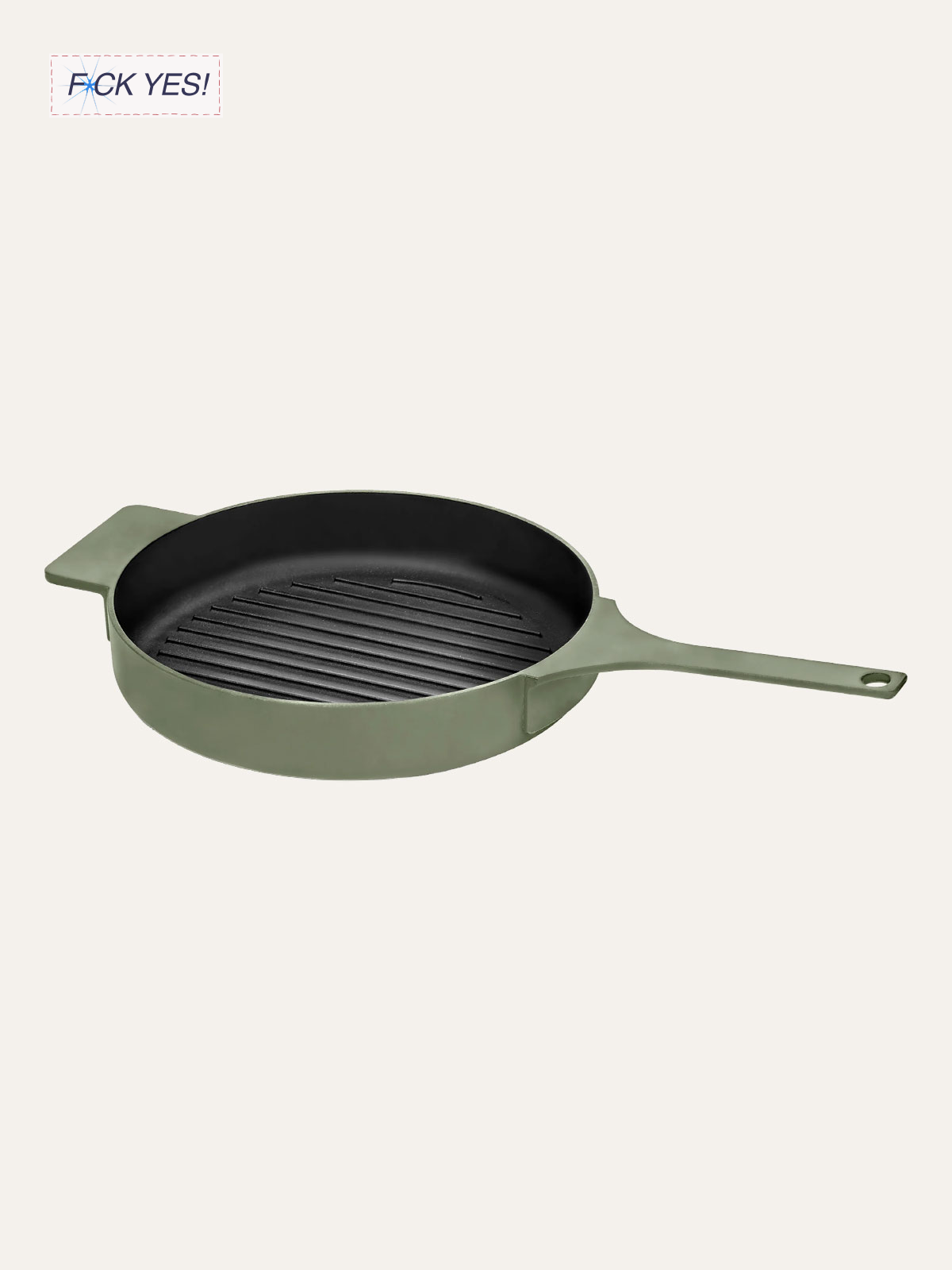 Green cast iron grill pan with a black cooking surface and a long handle on a plain white background.