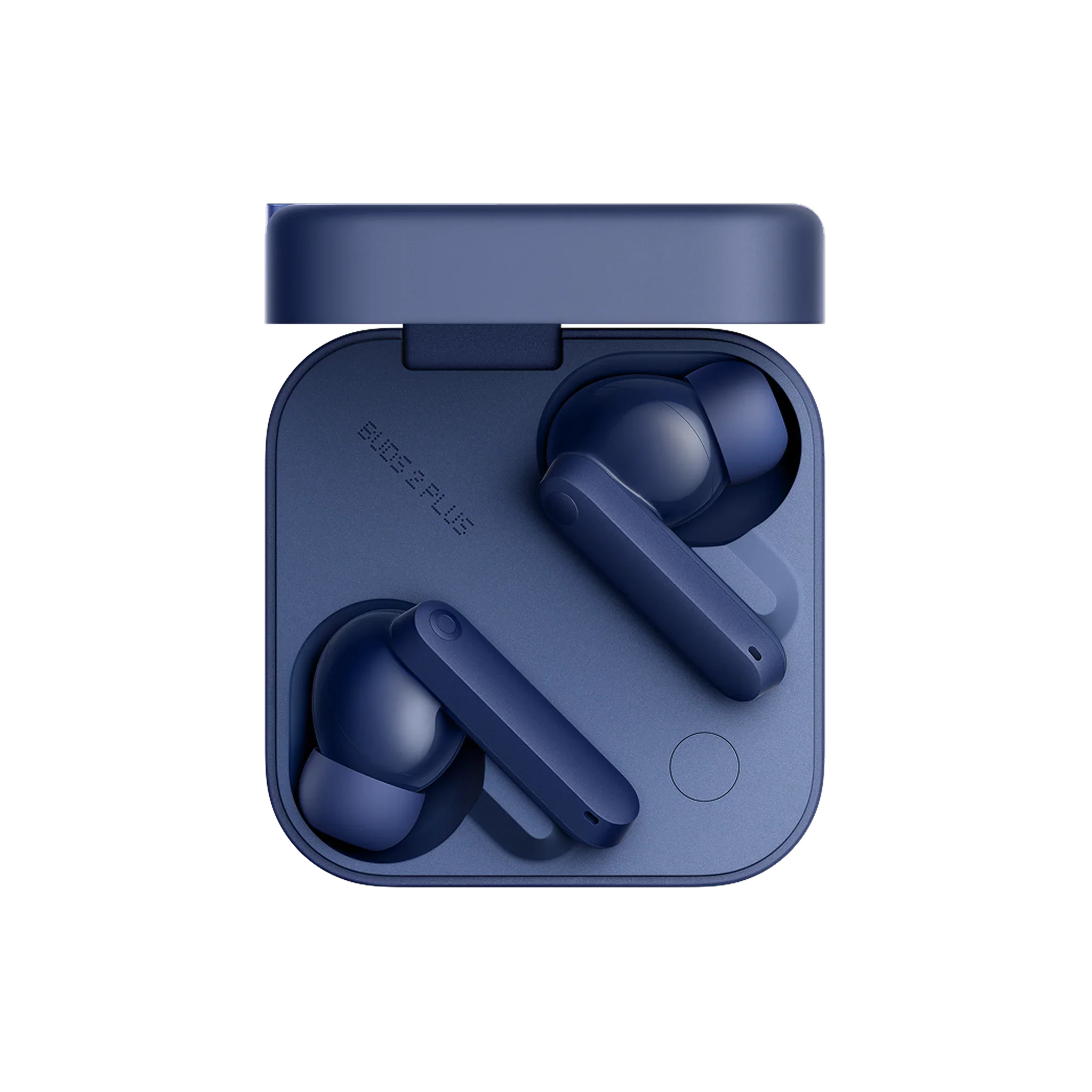 Close-up of a pair of blue wireless earbuds in a blue charging case.