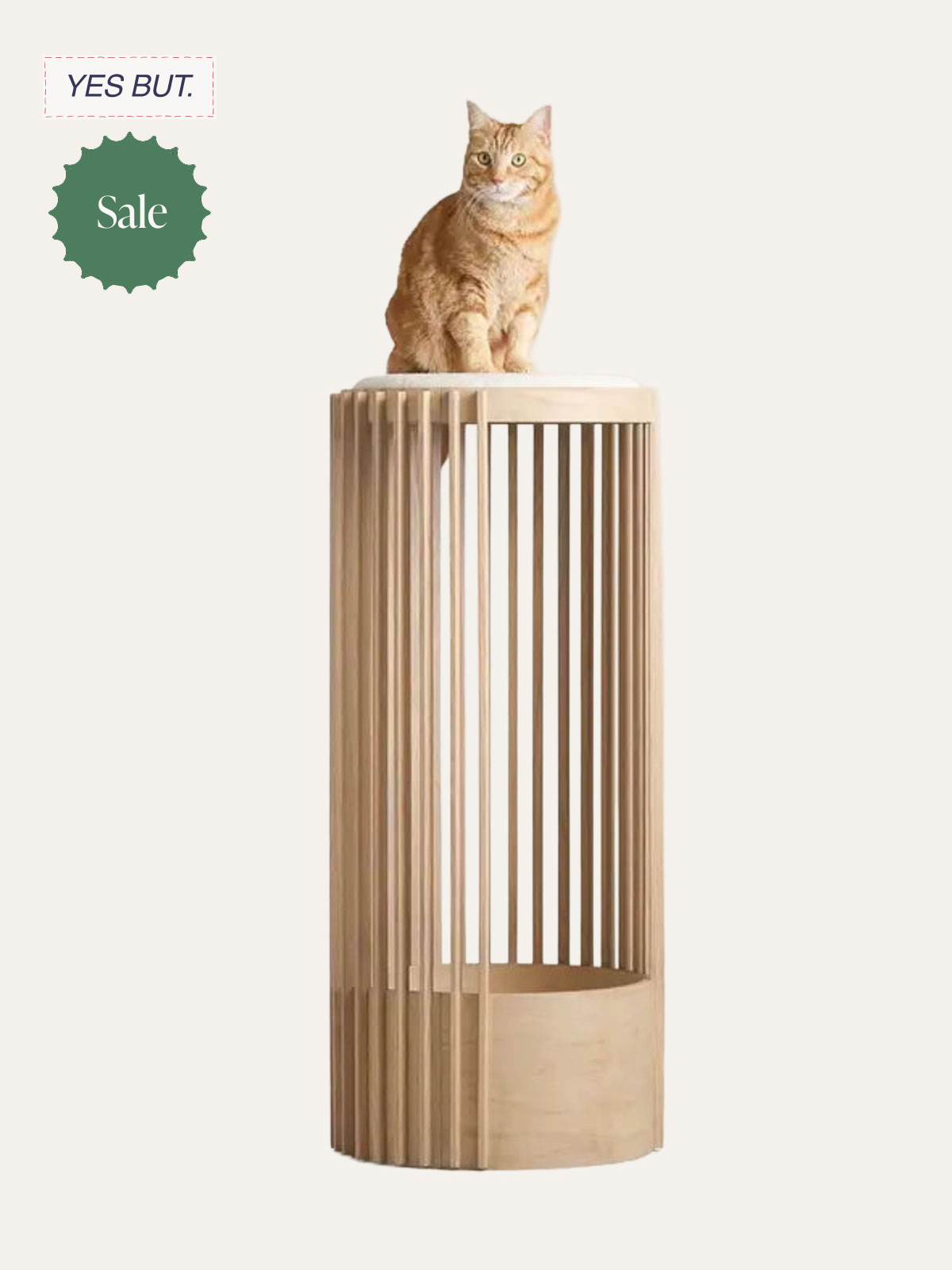 A ginger cat sitting on top of a tall, modern wooden stand with vertical slats and a round base.