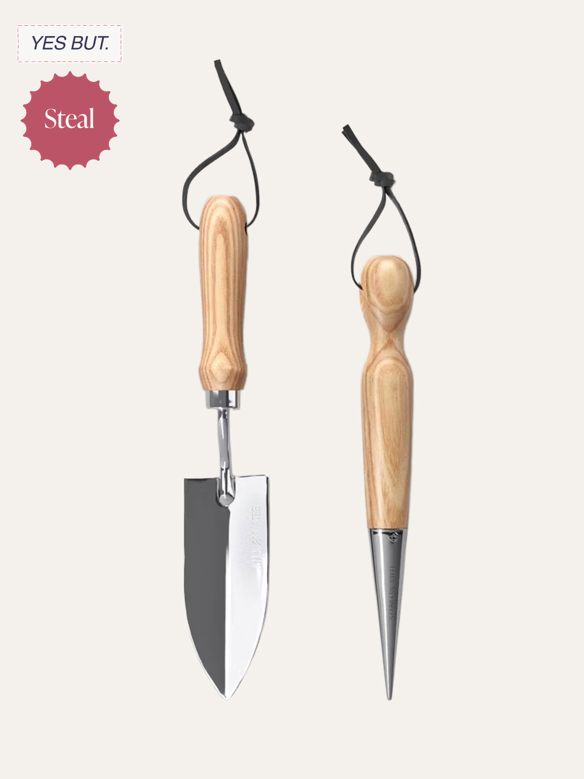 Two gardening tools with wooden handles and metal blades or tips.