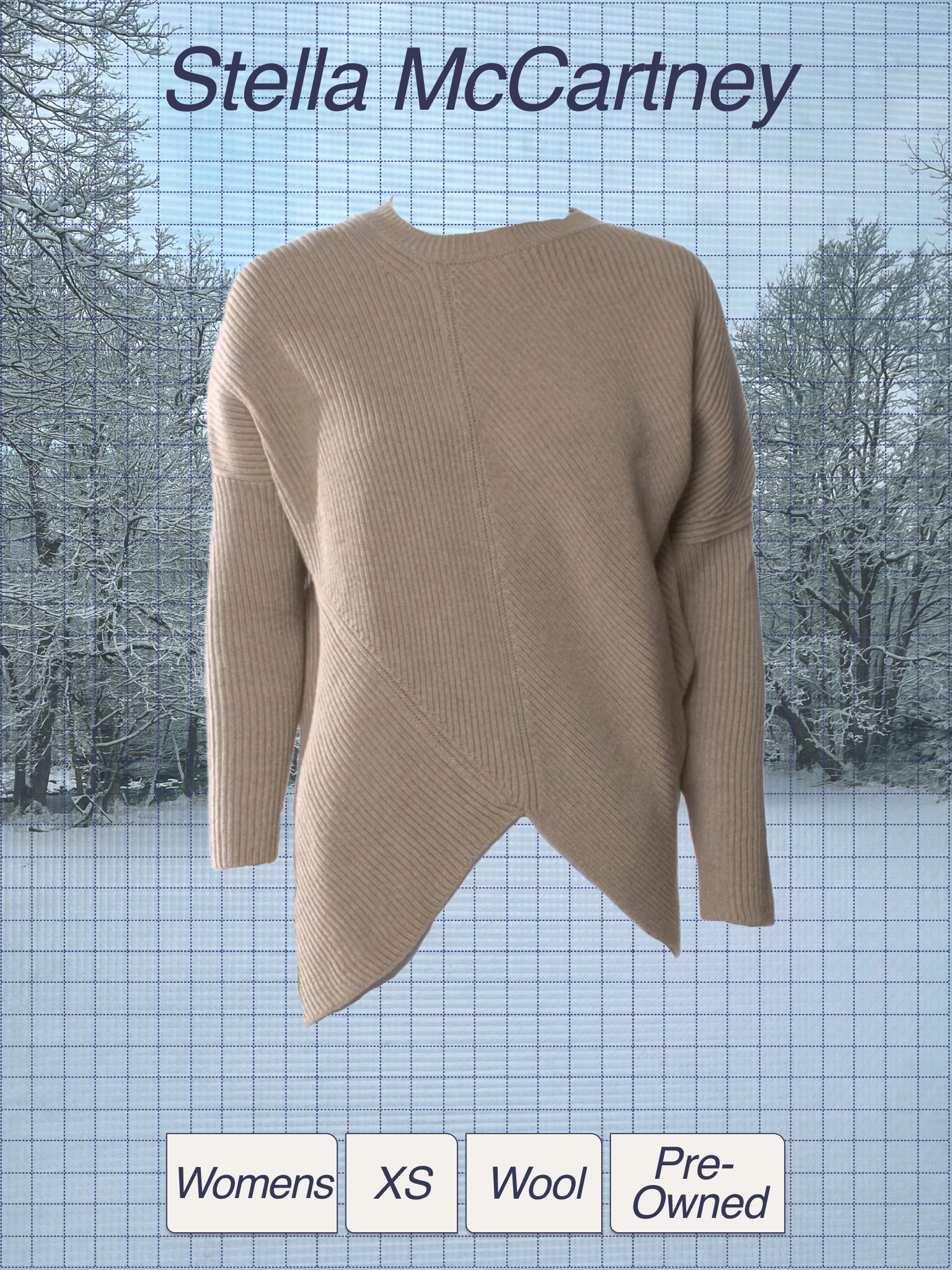 A beige knitted sweater displayed on a grid background with snowy trees visible outside. The text 'Stella McCartney' appears at the top. There are tags at the bottom indicating the sweater is women's size XS, made of wool, and pre-owned.