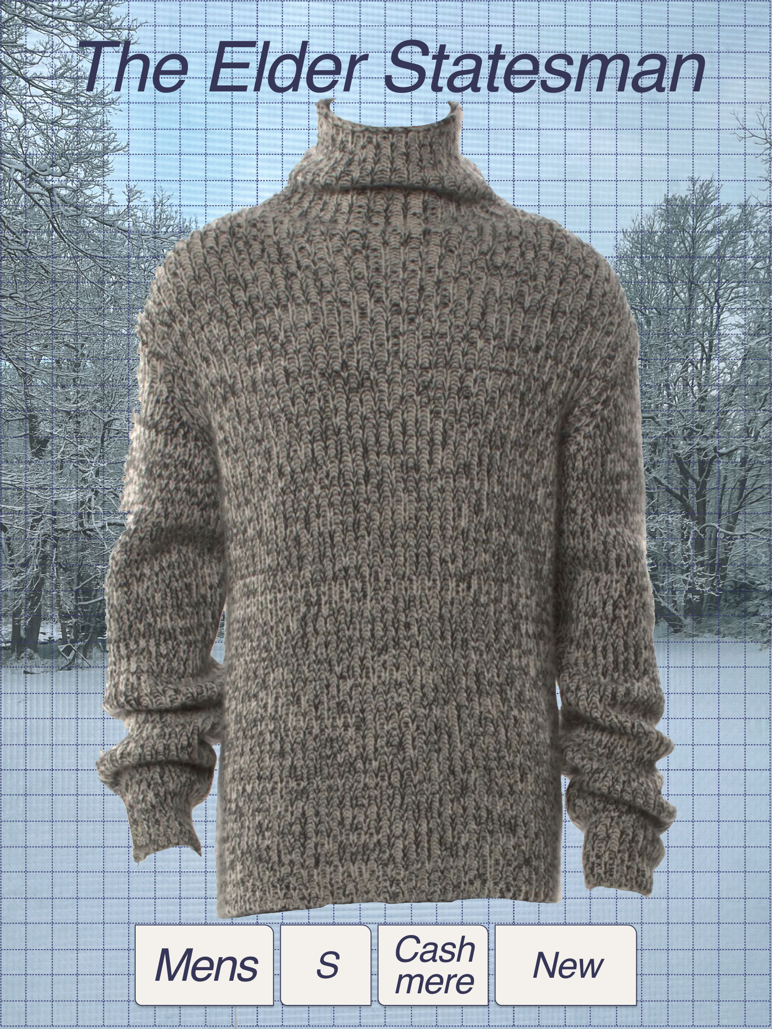 A chunky, knitted sweater with a high neck, patterned in shades of brown, beige, and gray, worn by a person standing outdoors in front of a snow-covered forest landscape.