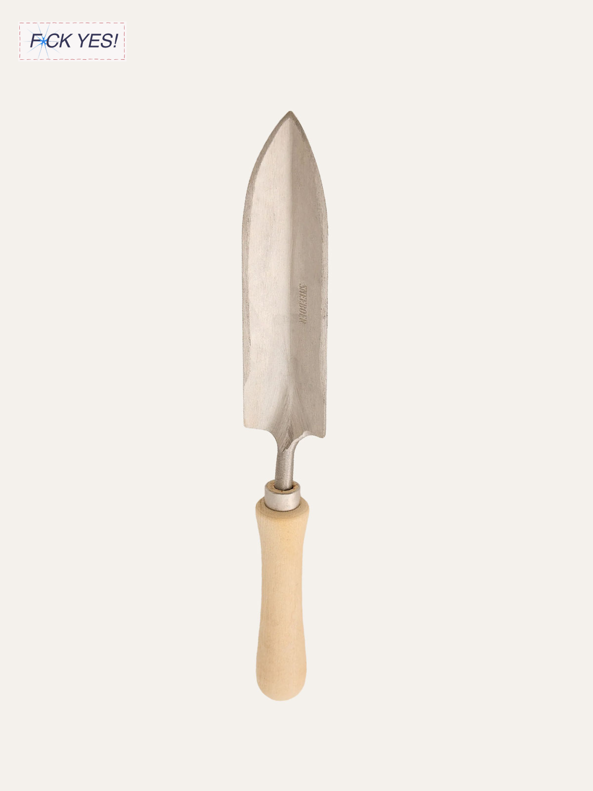 A gardening trowel with a wooden handle and a stainless steel blade.