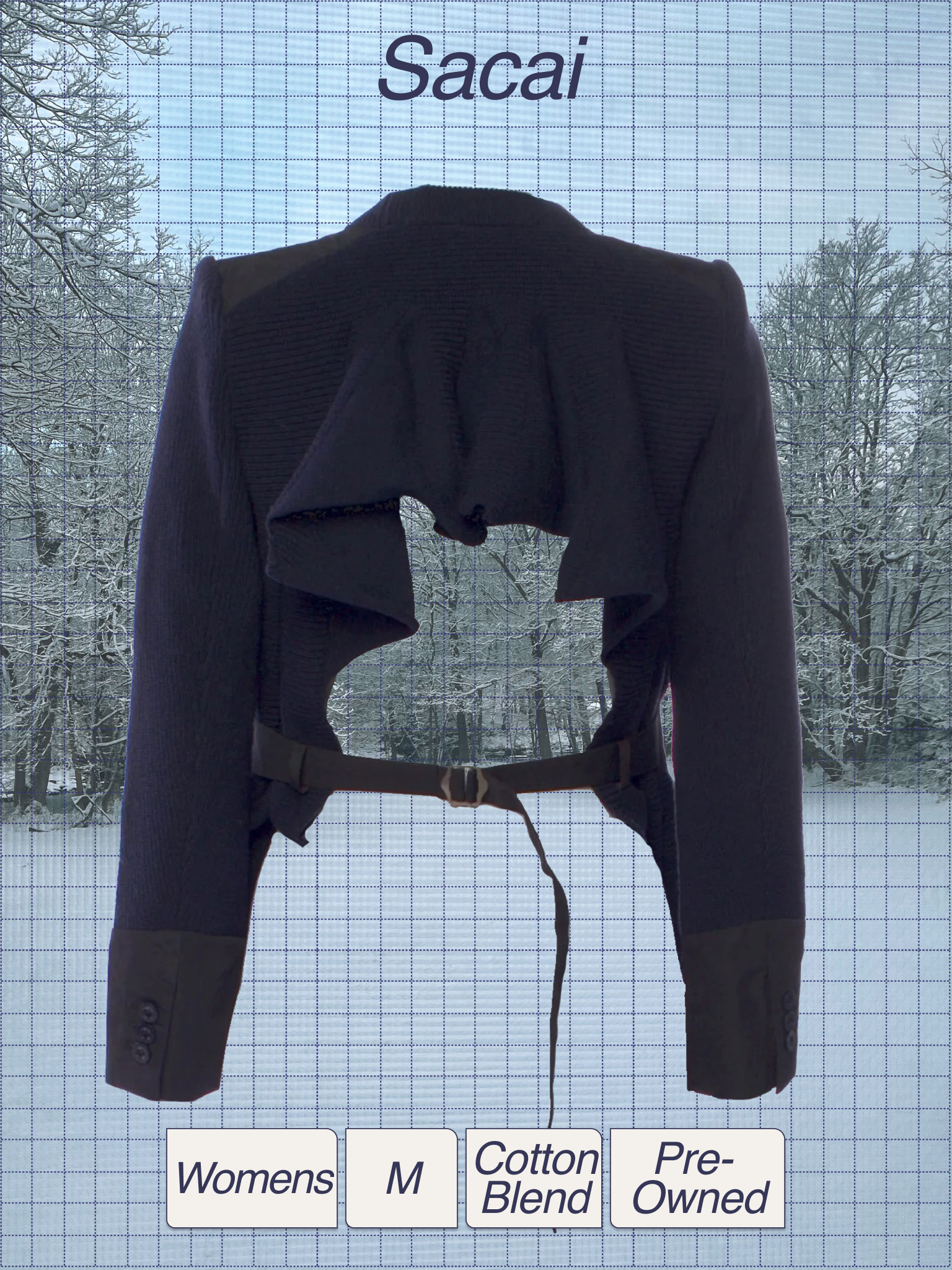 A headless mannequin dressed in a dark blazer, standing in front of a snowy winter landscape with snow-covered trees, viewed through a window with grid lines and labeled as part of a clothing catalog.