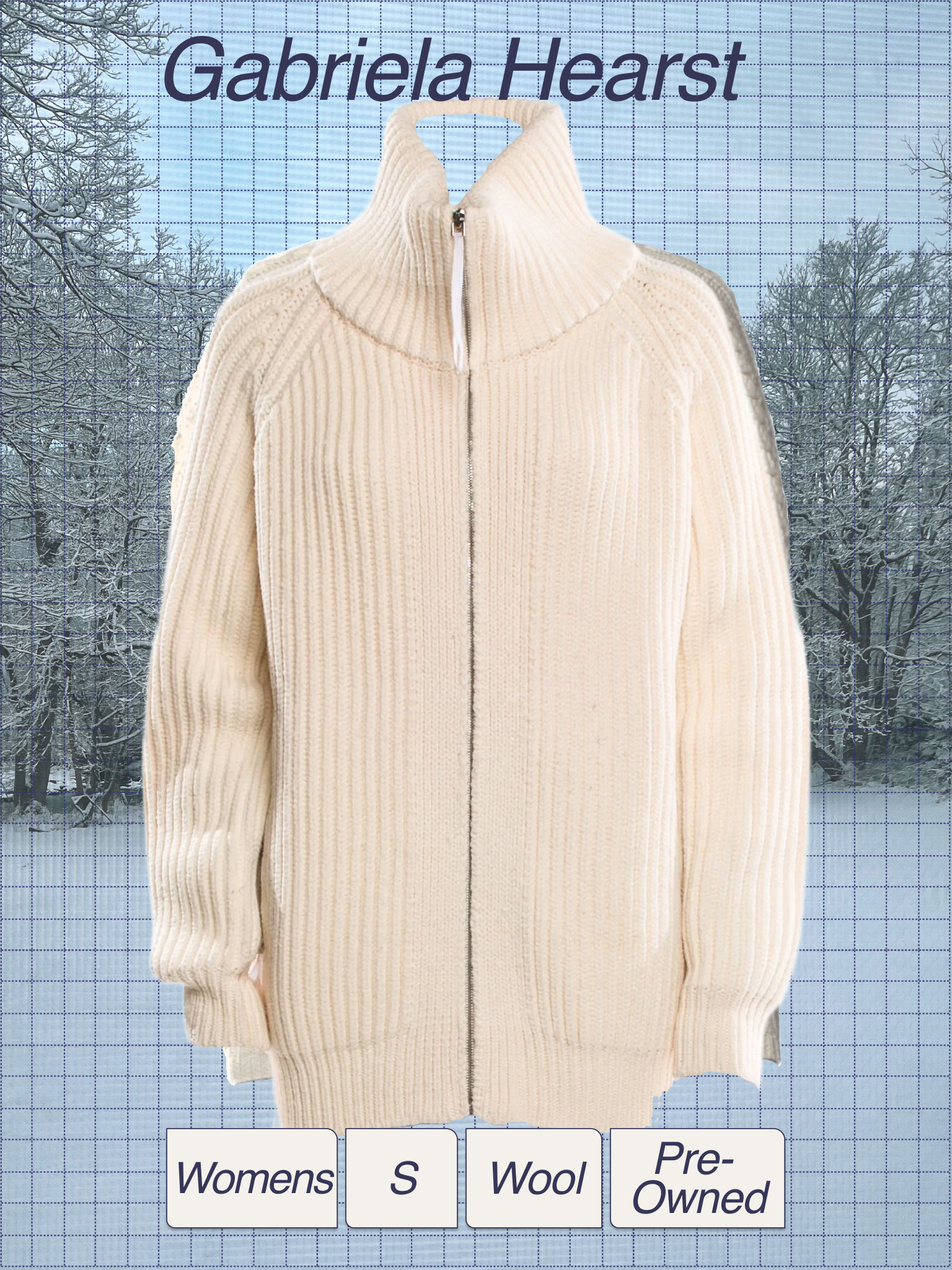 A white women's wool zip-up sweater with a high collar, hanging on a hanger against a backdrop of snow-covered trees and a cloudy sky.