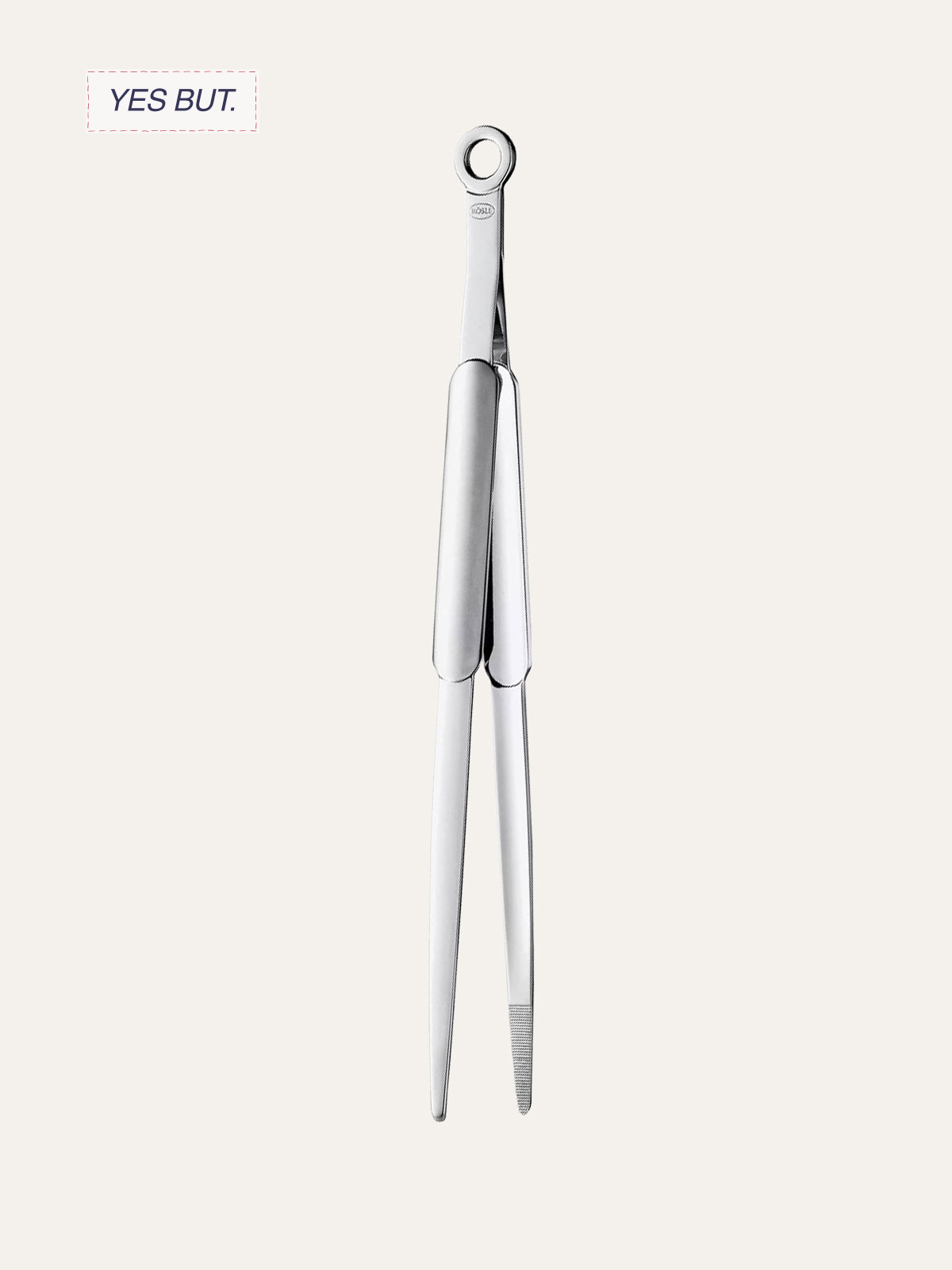 A pair of stainless steel surgical forceps with a textured grip, with the upper jaw slightly open, seen against a plain light background. The image includes text in the upper left corner that says 'YES BUT.'