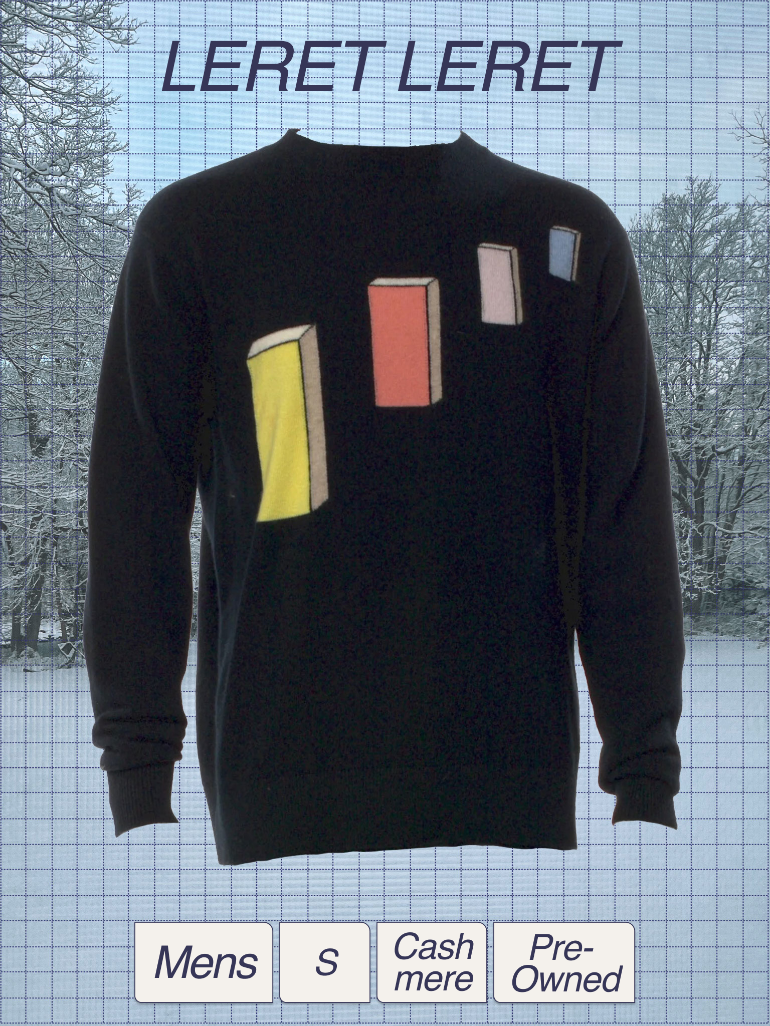 Black sweatshirt with colorful bar charts embroidered on the front. The background shows snow-covered trees and a blue grid overlay. Text on the image reads "LERET LERET" at the top and menu options "Mens," "S," "Cash," "Pres," and "Owned" at the bottom.