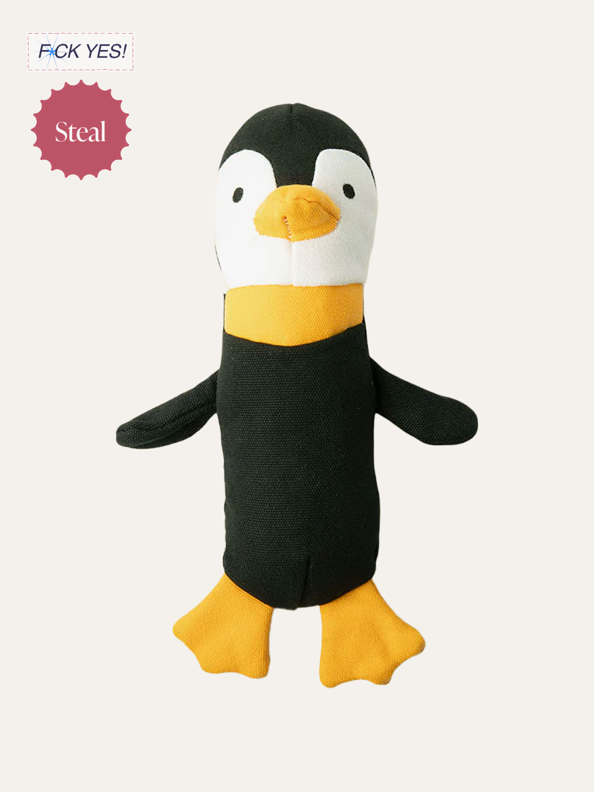 A plush toy of a penguin with a black body, white face, yellow beak, and yellow feet, standing upright against a plain background.