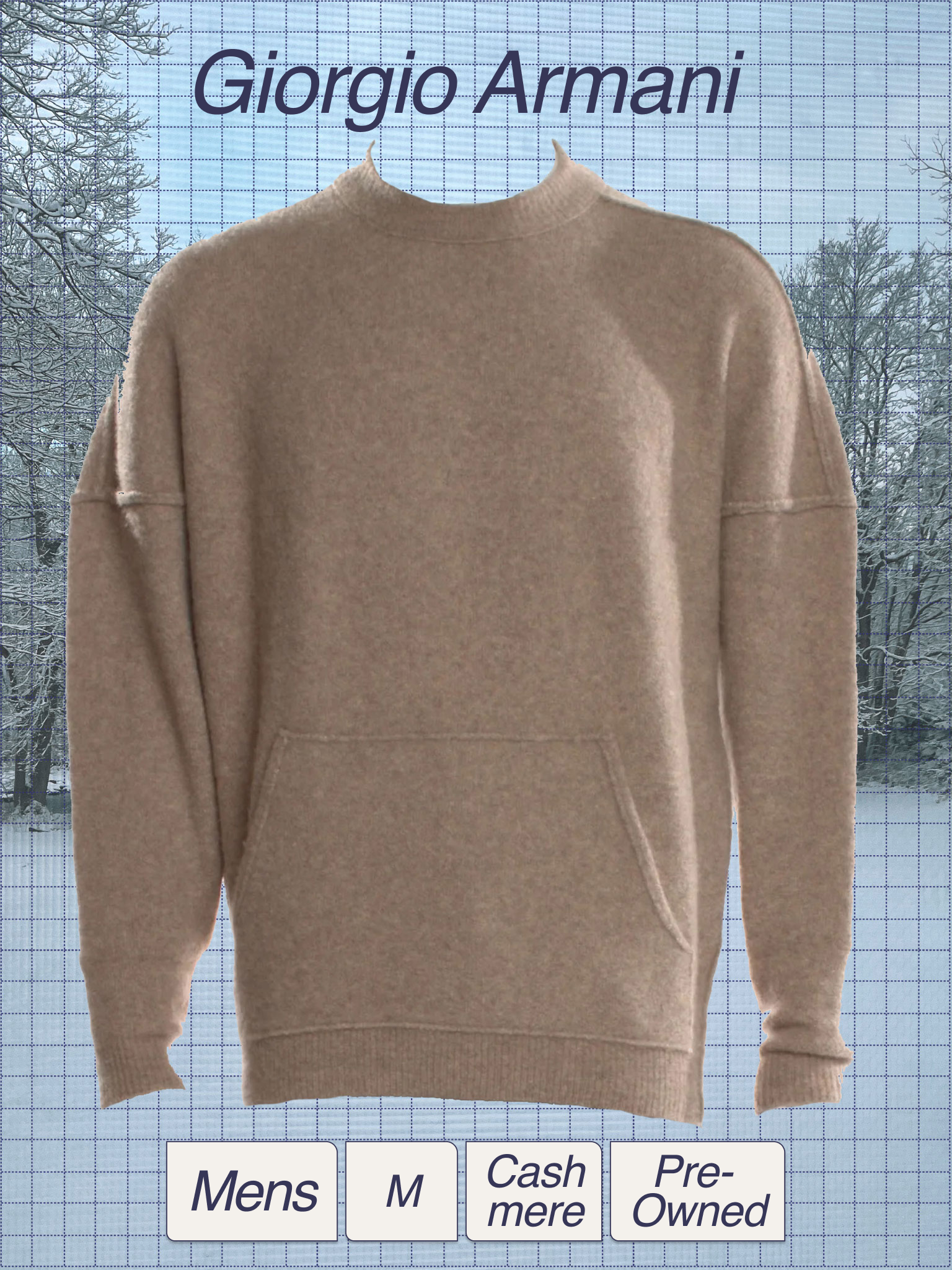 A beige or light brown sweatshirt displayed on a digital shopping interface with a backdrop of snow-covered trees and a blue sky, with the text 'Giorgio Armani' at the top.