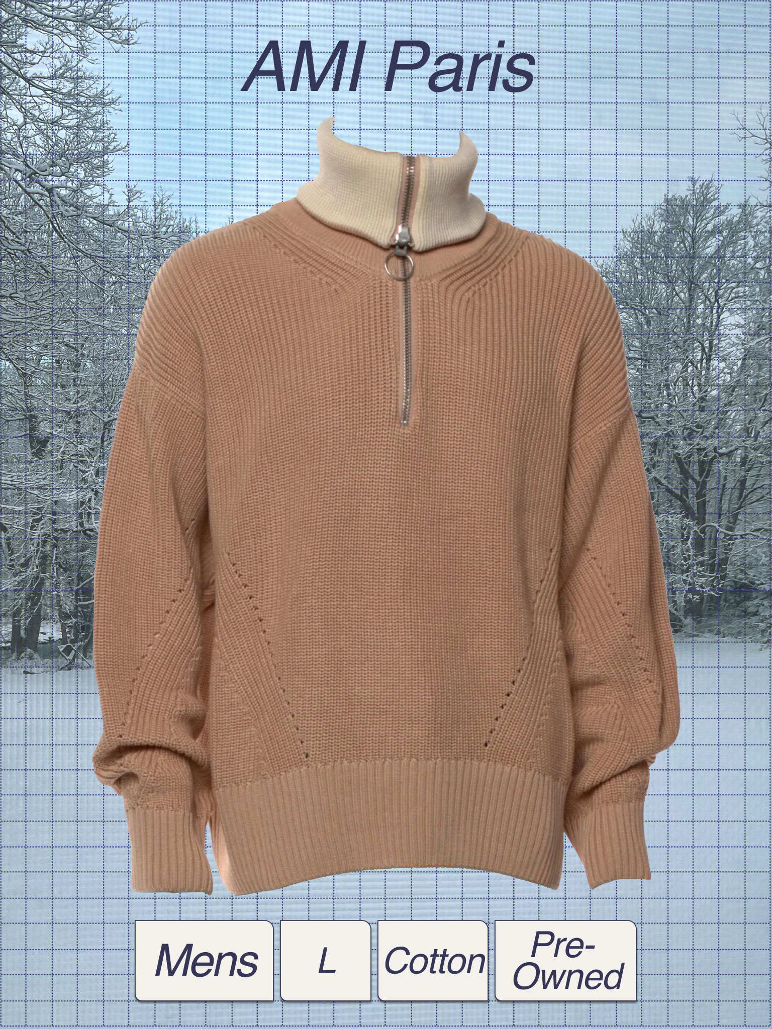 A men's tan cotton pre-owned sweater with a quarter zip and ribbed cuffs and hem, displayed against a wintery outdoor background with snow-covered trees.