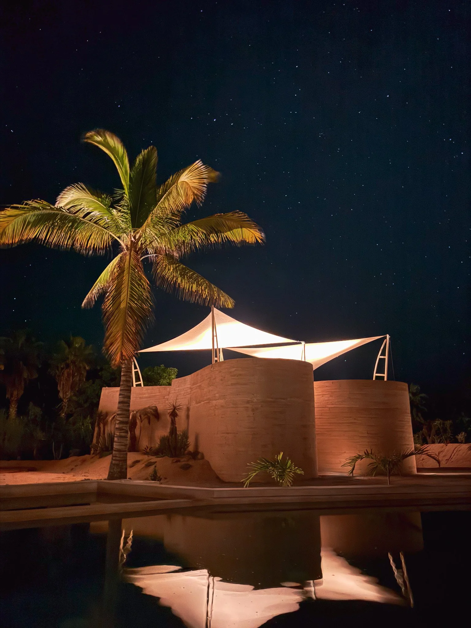 Nighttime scene with a large illuminated building, a palm tree, and a star-filled sky reflected in a water body underneath the bridge.