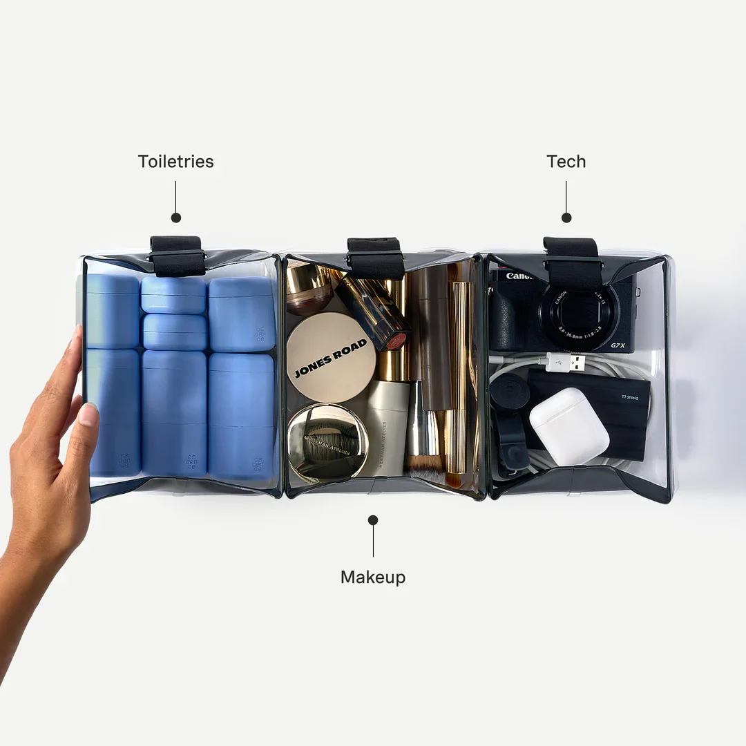 A clear travel organizer containing three sections labeled Toiletries, Makeup, and Tech, with various personal items inside each section.