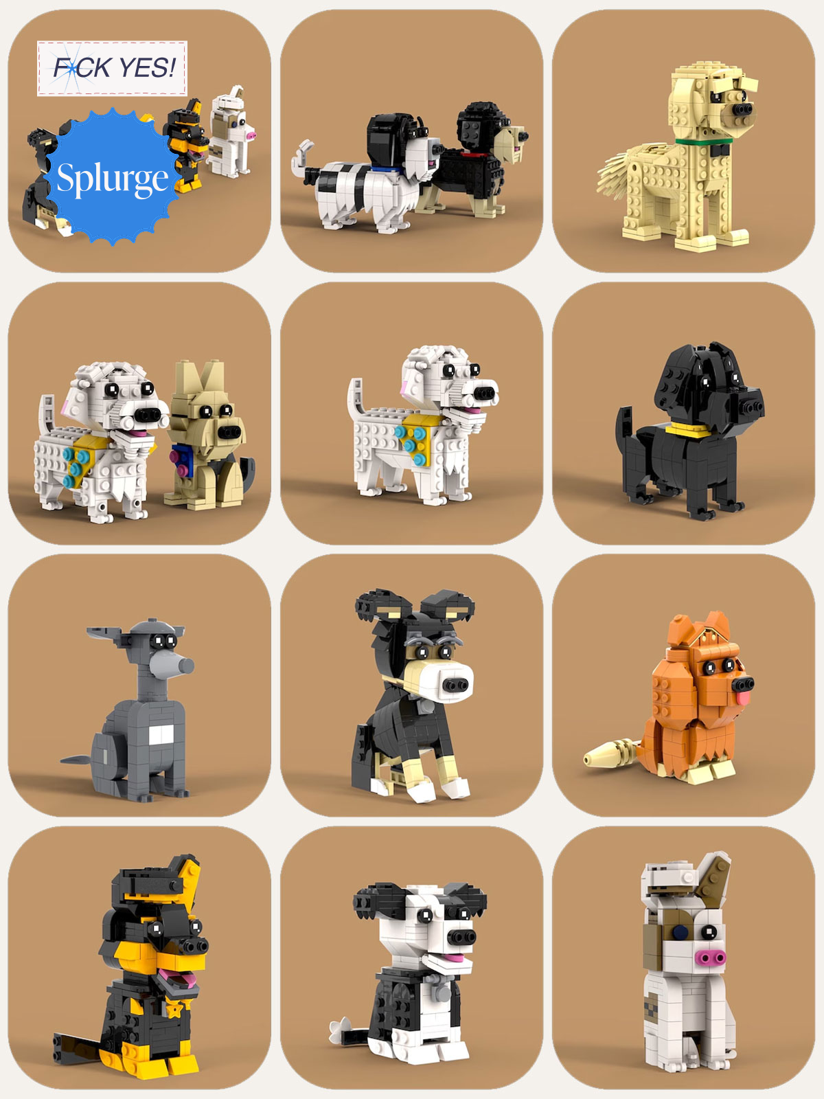 Collection of LEGO dog figurines of various breeds and colors.