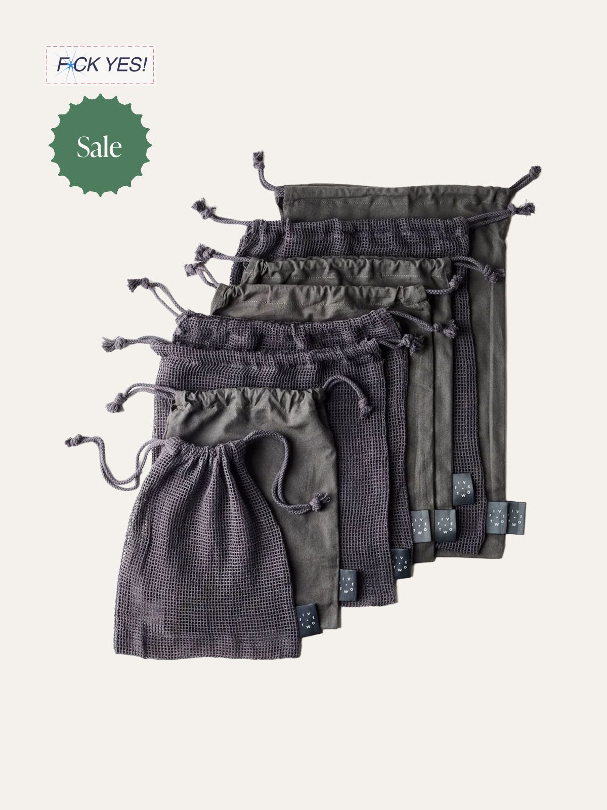 A set of six dark gray and black mesh and fabric pouches with drawstrings arranged vertically, with sale and positive affirmation stickers in the top left corner.