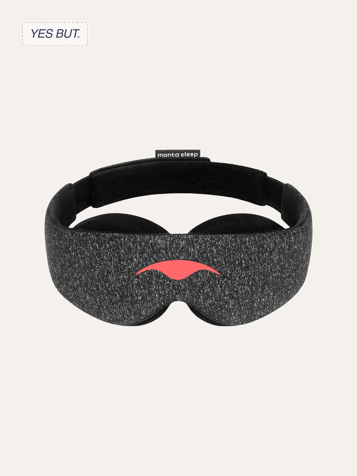 Gray sleep mask with pink lips design, labeled 'manta sleep' on the strap, on a plain light background.