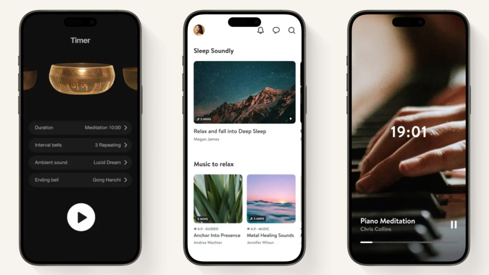 Three smartphones displaying different meditation and relaxation apps. The first phone shows a timer for meditation with a golden bell image, the second phone shows a sleep and relaxation app with images of mountains and ocean waves, and the third phone displays a piano meditation app with a hand playing the piano.