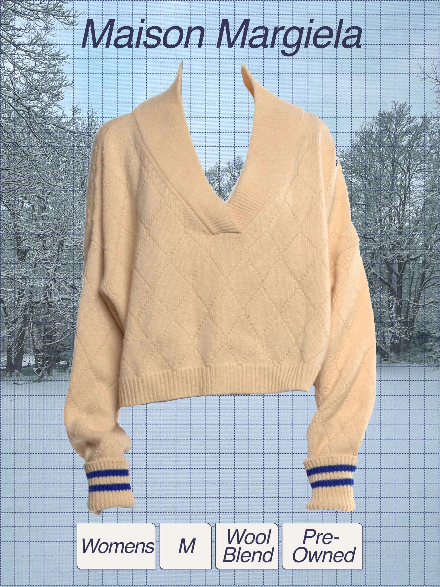 A beige women's sweater with a V-neck design, knit pattern, and blue and beige striped cuffs, displayed against a snowy outdoor background with leafless trees and blue grid overlay, advertising Maison Margiela.