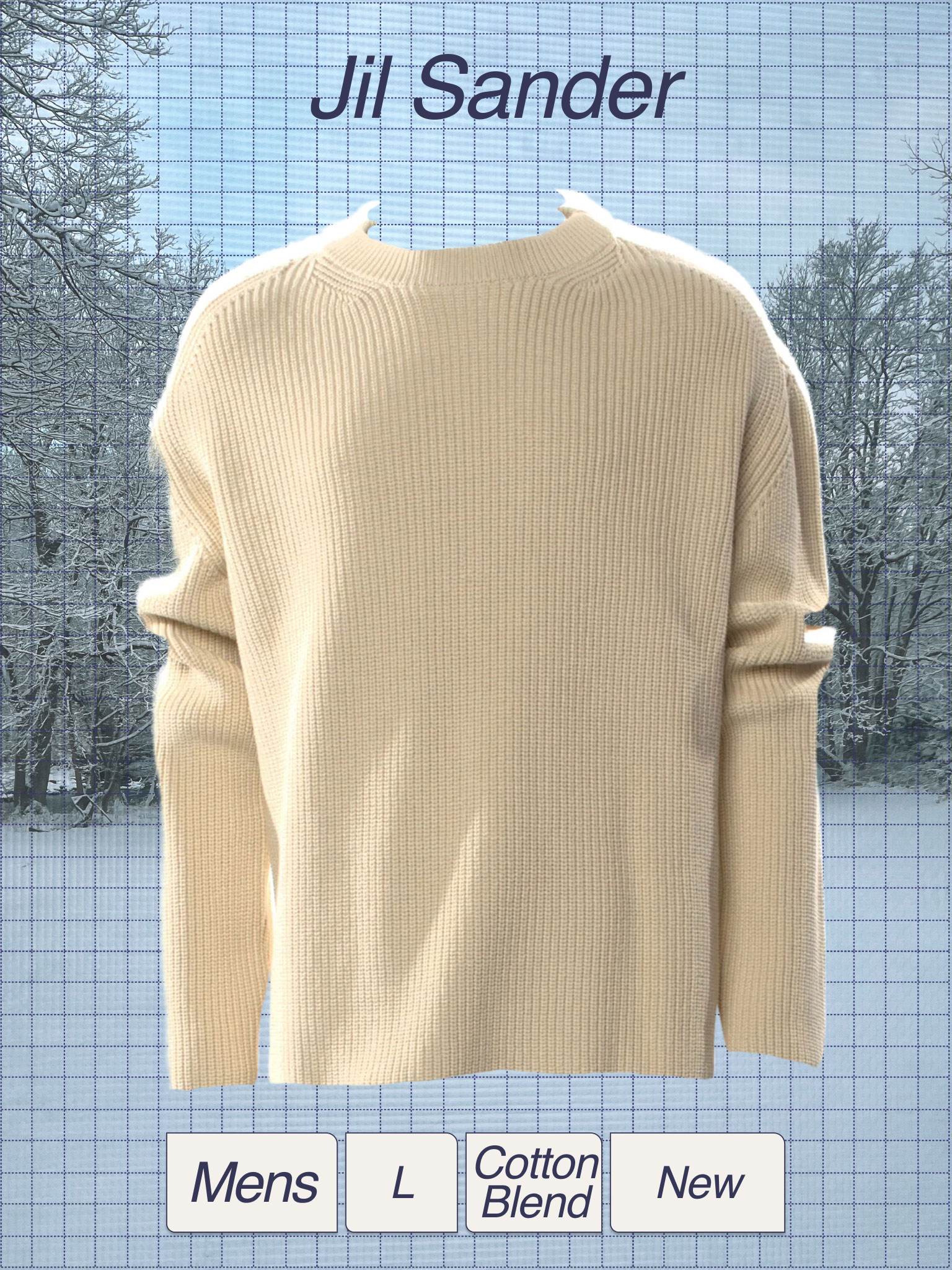 A beige men's sweater made of cotton blend fabric, displayed on a mannequin or hangar, against a snowy outdoor background with leafless trees.