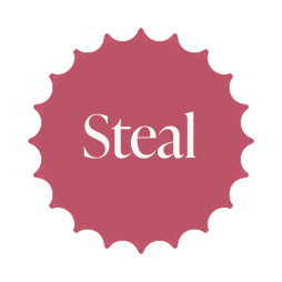Pink badge with scalloped edges and the word 'Steal' in white text