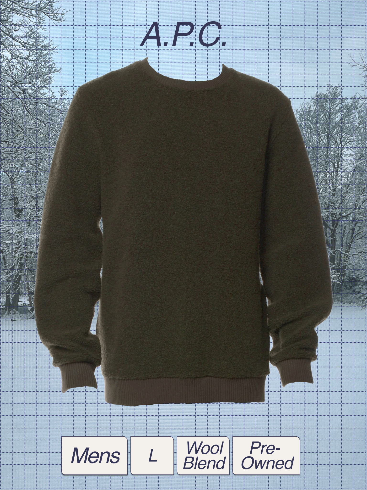 A mannequin wearing a brown crewneck wool blend sweater, standing in front of a window with snowy trees outside. The sweater is part of a clothing catalog with labels indicating it is a men's medium, pre-owned, size large, wool blend, and pre-owned.