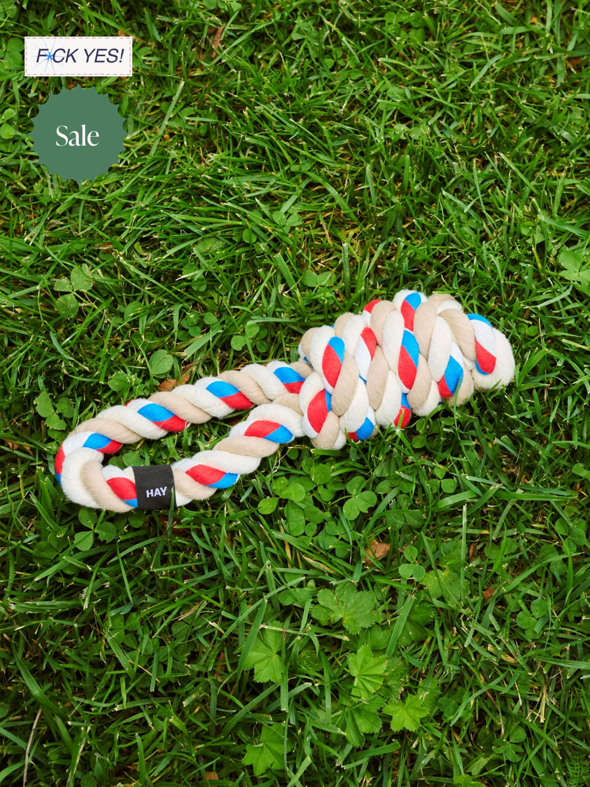 A colorful braided rope dog toy with a black tag that says 'HAY' lies on green grass.