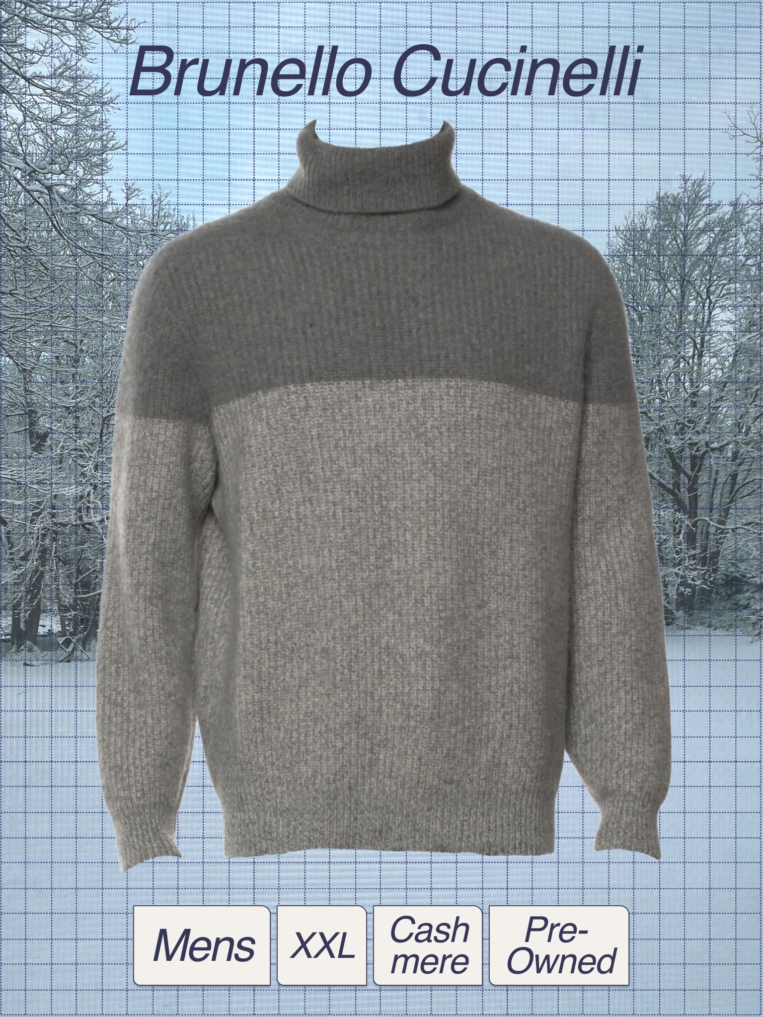 Gray men's turtleneck sweater displayed against a winter background with leafless trees and snow. The image is part of an online clothing catalog with tags indicating size XXL, cashmere material, pre-owned, and men's clothing.