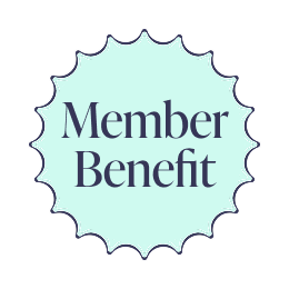 A badge with a blue, scalloped edge and the words 'Member Benefit' in the center.