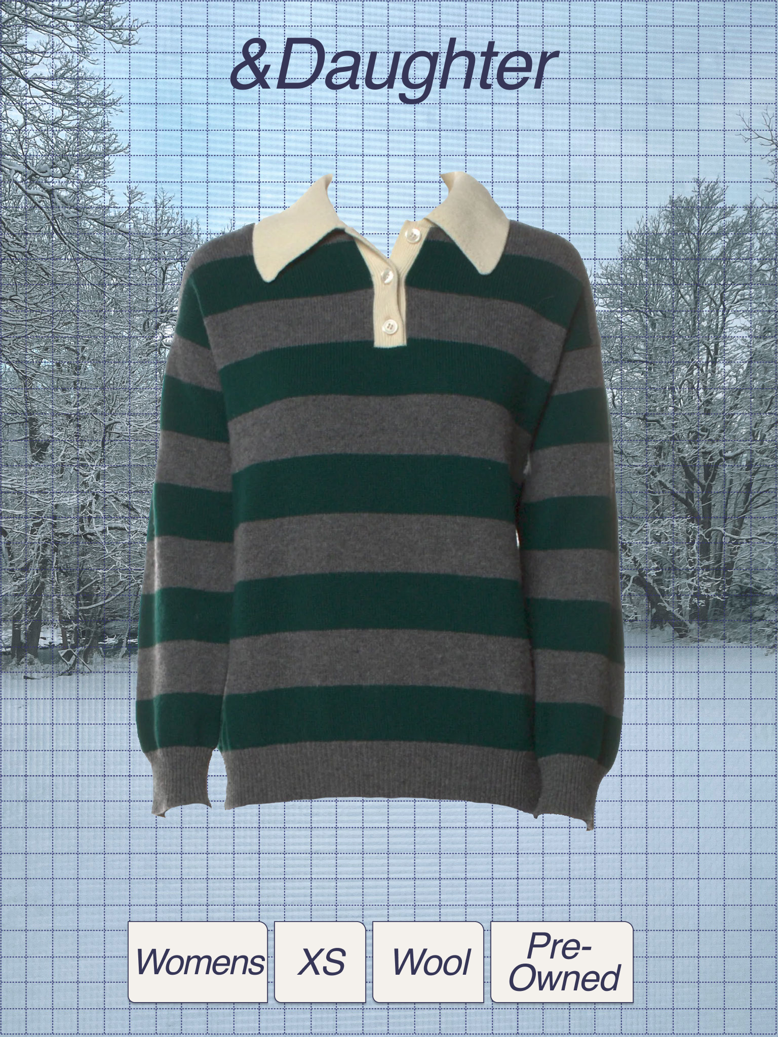 A sweater with gray and green horizontal stripes hangs against a snowy background of trees with bare branches.