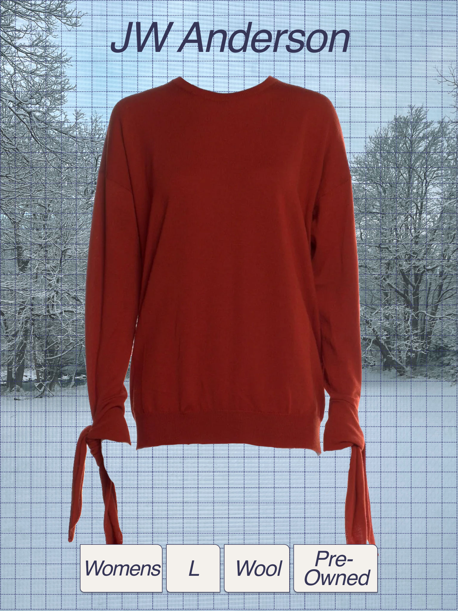 A red wool sweater with long sleeves and tied side accents, displayed in front of a window showing a snowy winter landscape with snow-covered trees.