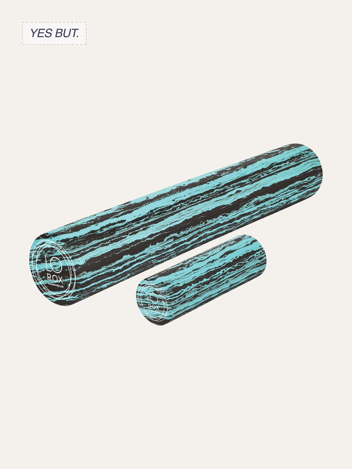 Two foam rollers with a marbled black and turquoise pattern, one large and one small, against a white background. A logo on each roller reads "LOX ROX ALIGNED ROLLER."