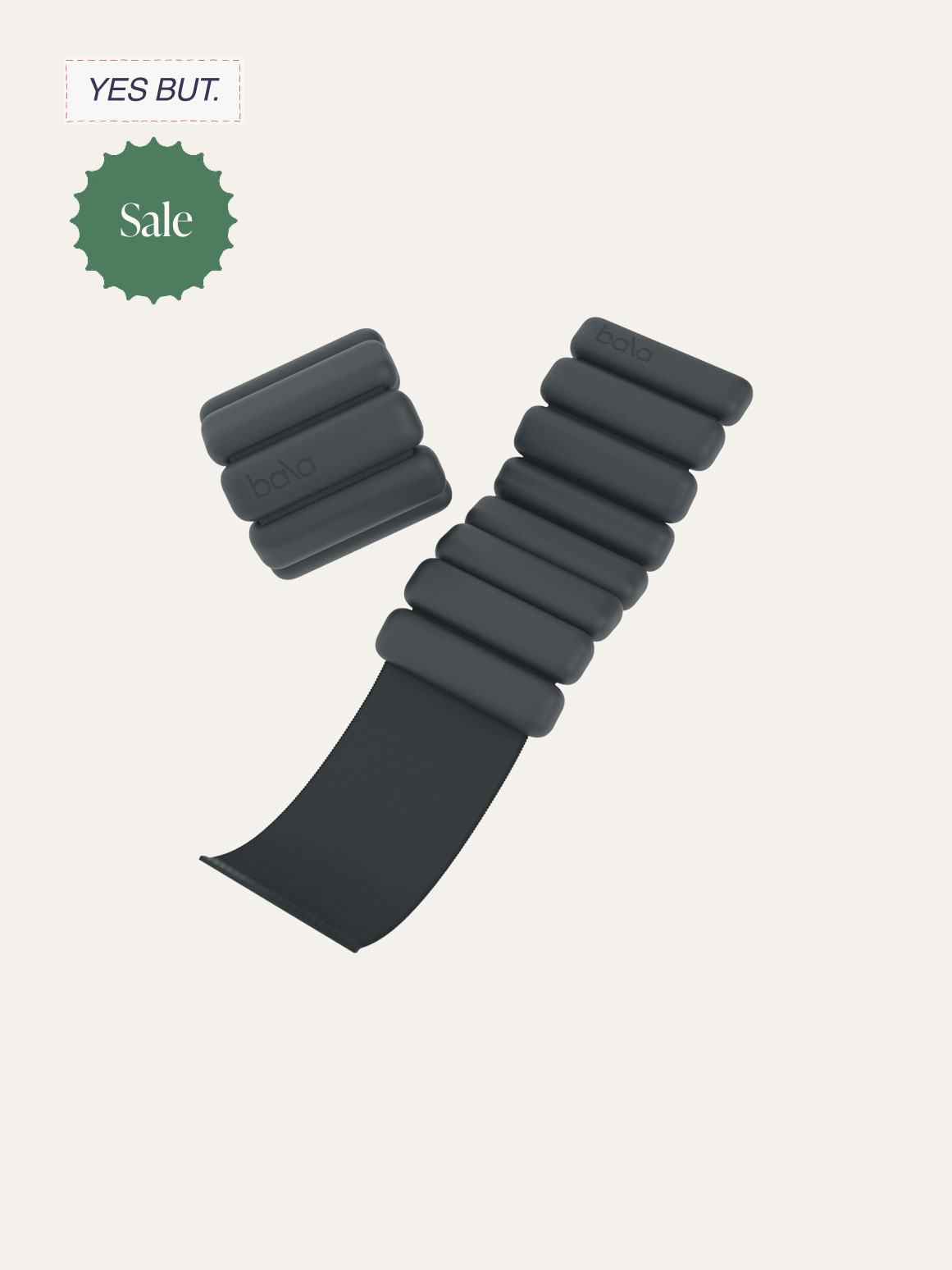 Black resistance band with foam grip handles and ankle strap, branded 'bala', on a light background.