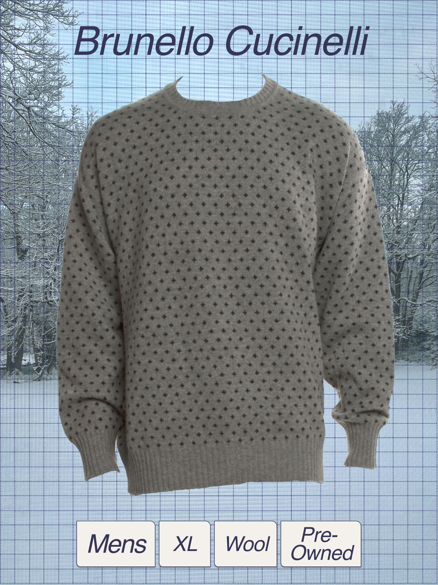 A light gray men's wool sweater with small dark crosses pattern, shown on a mannequin against a wintery outdoor background with snow-covered trees.
