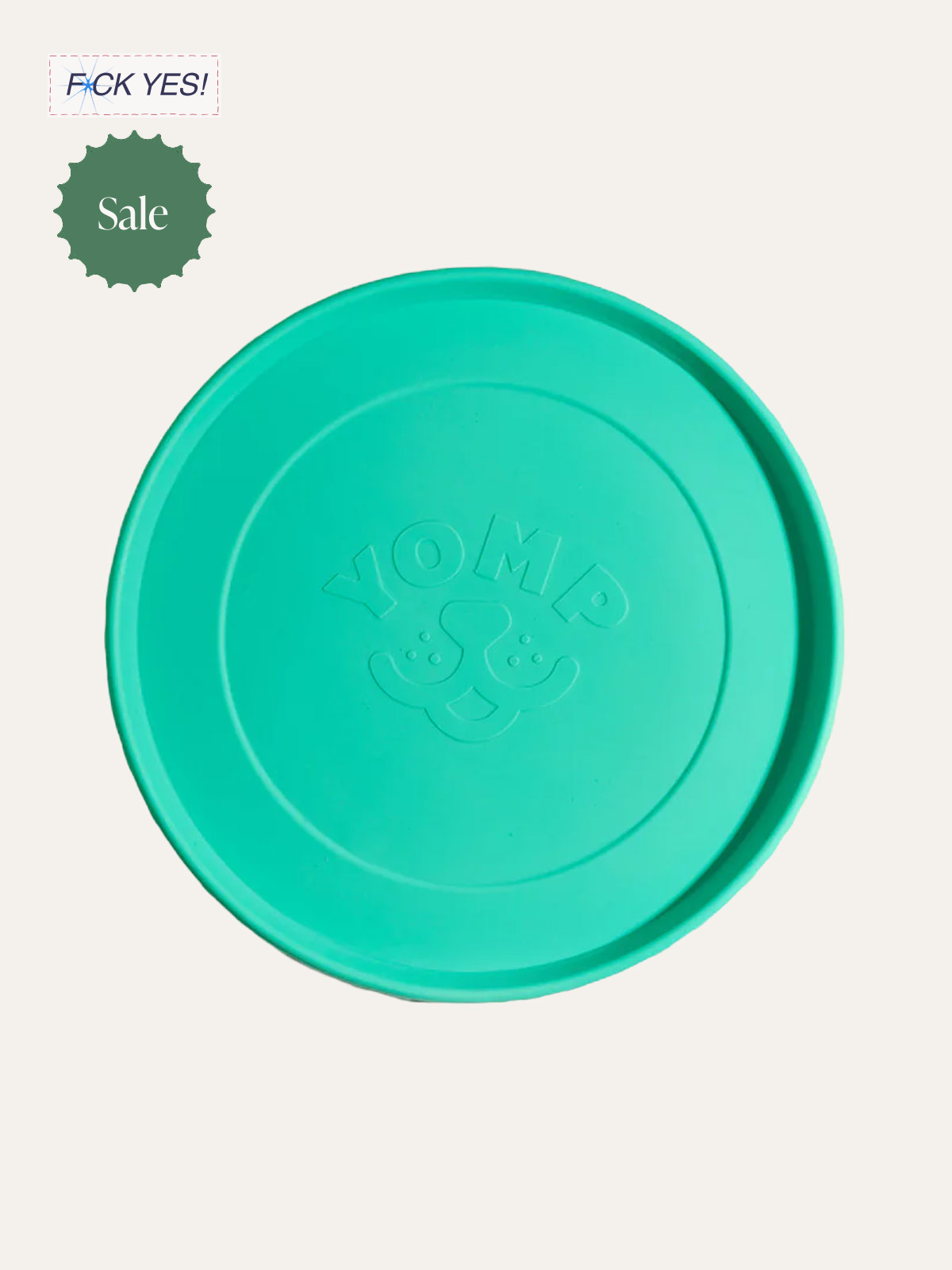 A teal plastic dog bowl with a smiling dog face and the word 'POOPY' embossed inside. The image also contains sale stickers and a crossed-out 'F**K YES!' text.