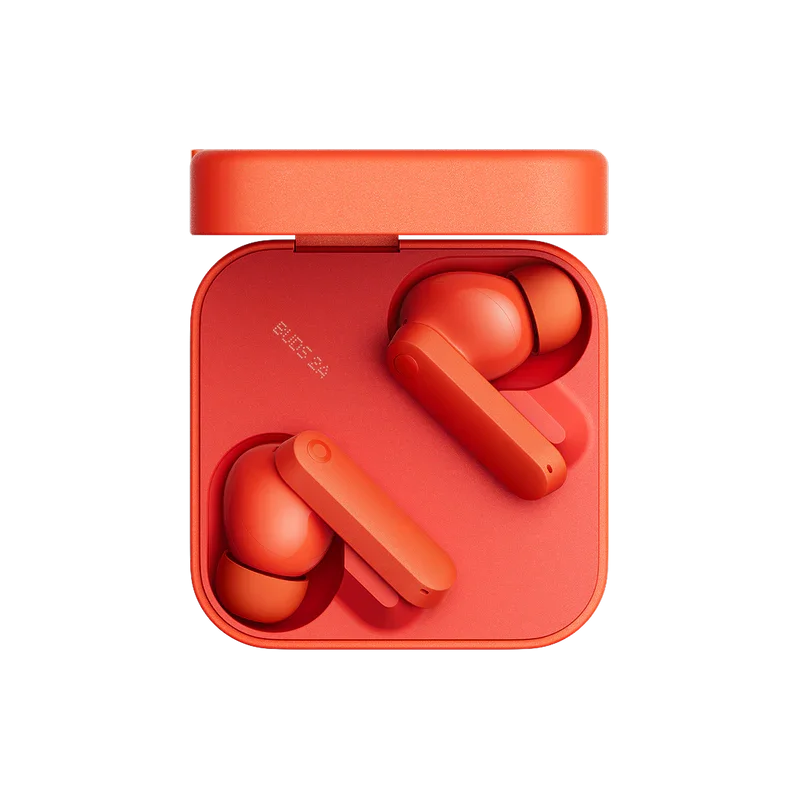Red wireless earbuds in a matching charging case.