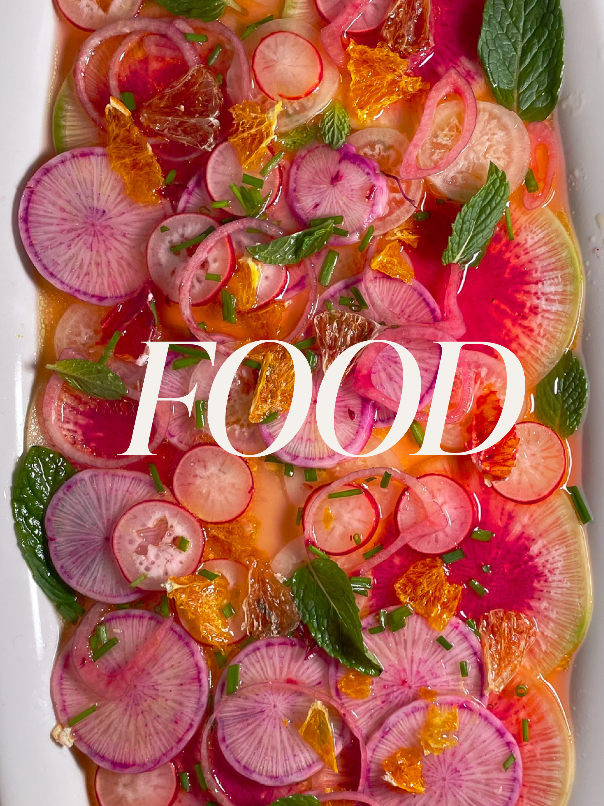Colorful radish salad with sliced radishes, orange segments, fresh mint, and chopped herbs on a white platter.