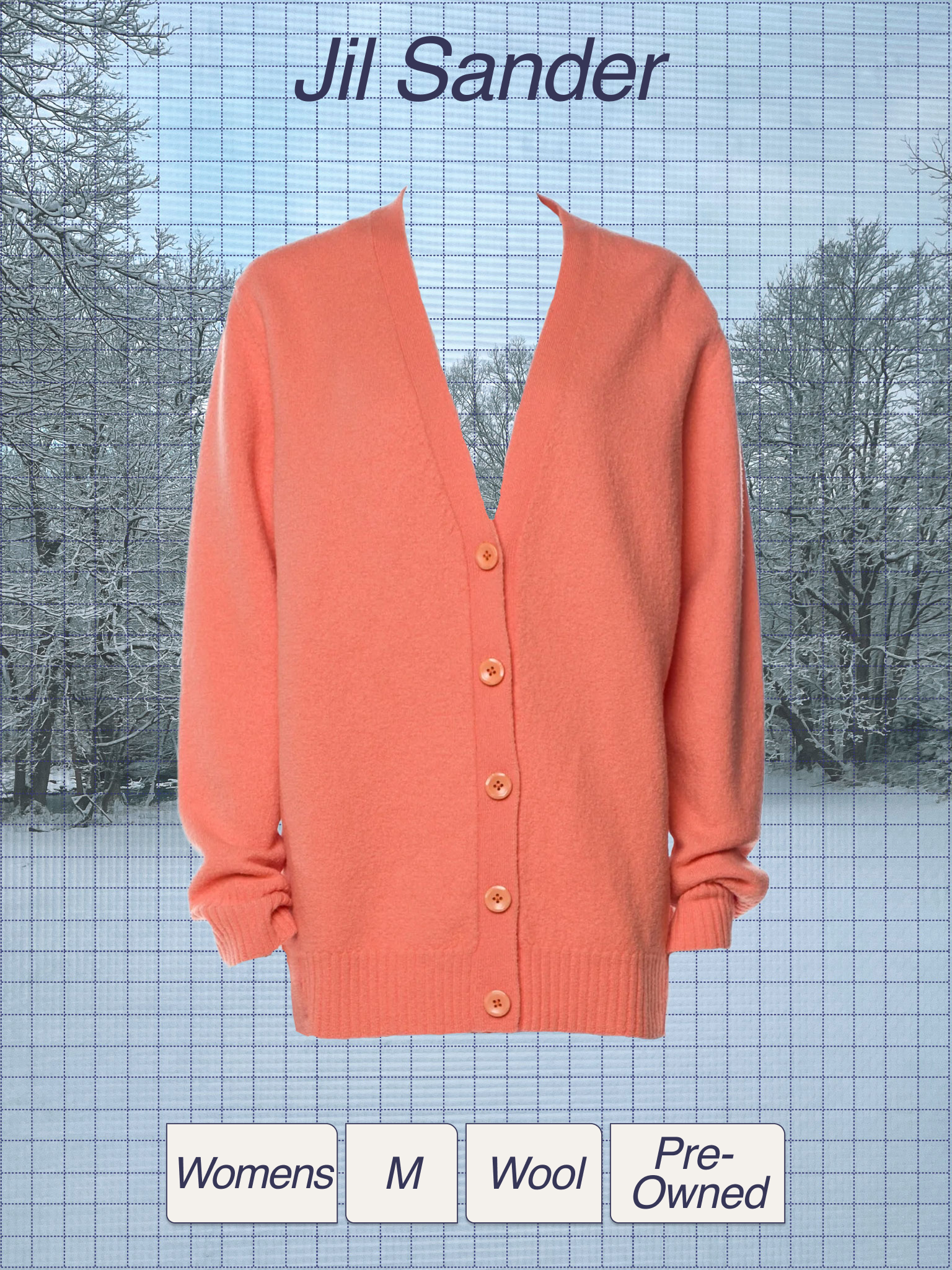A pink wool women's cardigan with buttons, displayed against a winter landscape background.