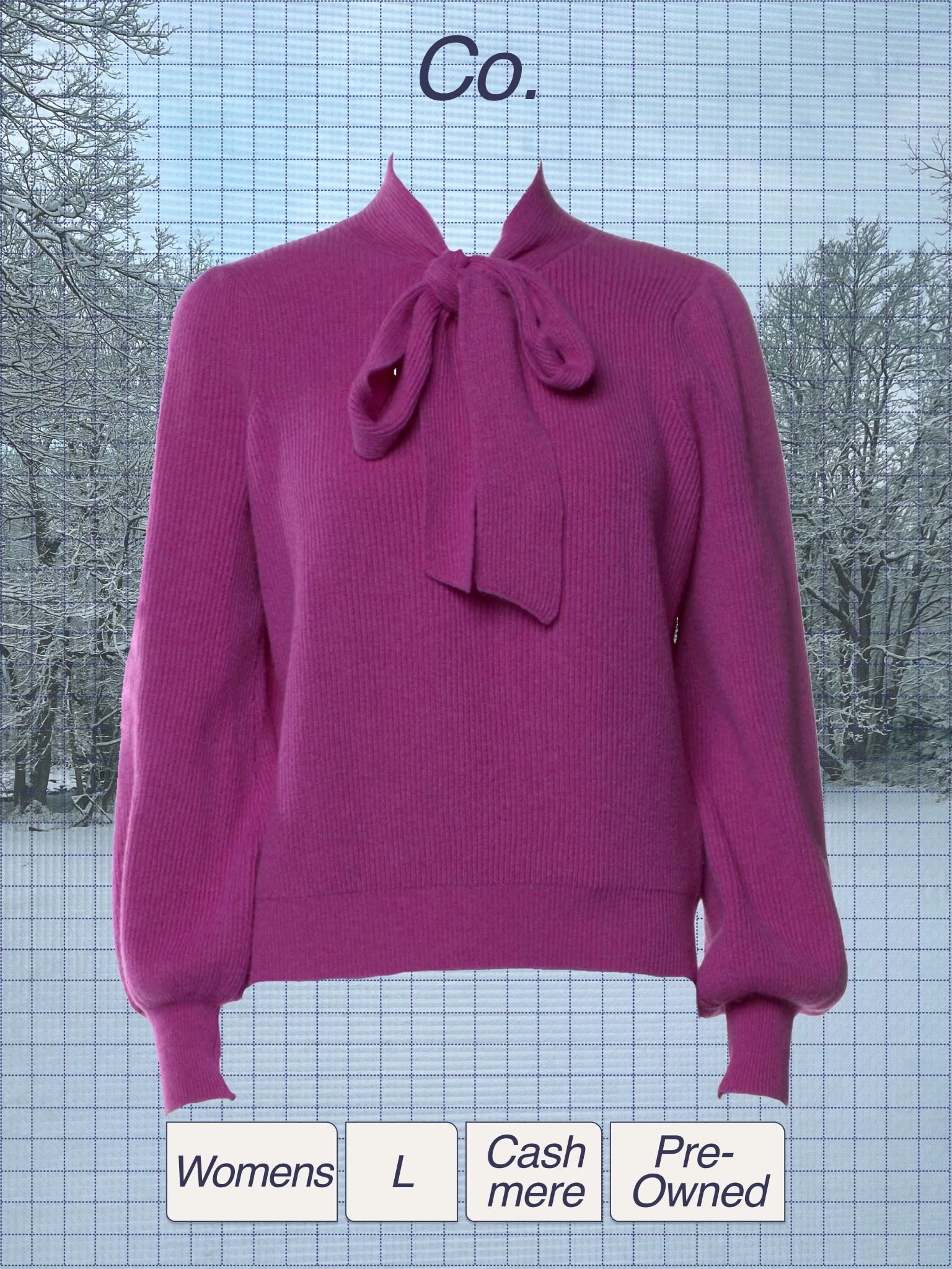 A pink women's cardigan sweater with a bow at the neckline is displayed in front of a winter landscape with snow-covered trees. There are size and category tags below the sweater indicating it is a women's size large, pre-owned, with cashmere material.