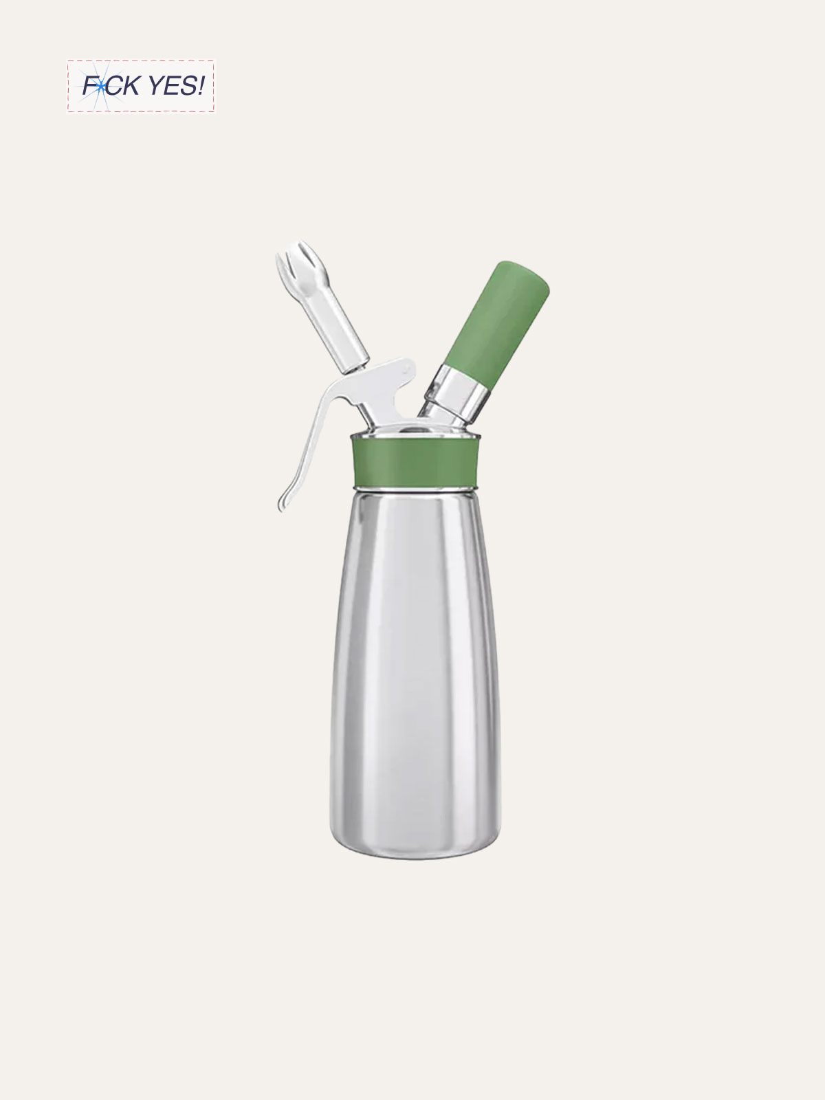 A stainless steel cocktail shaker with a green lid and a built-in strainer, with the lid and strainer raised above the shaker.