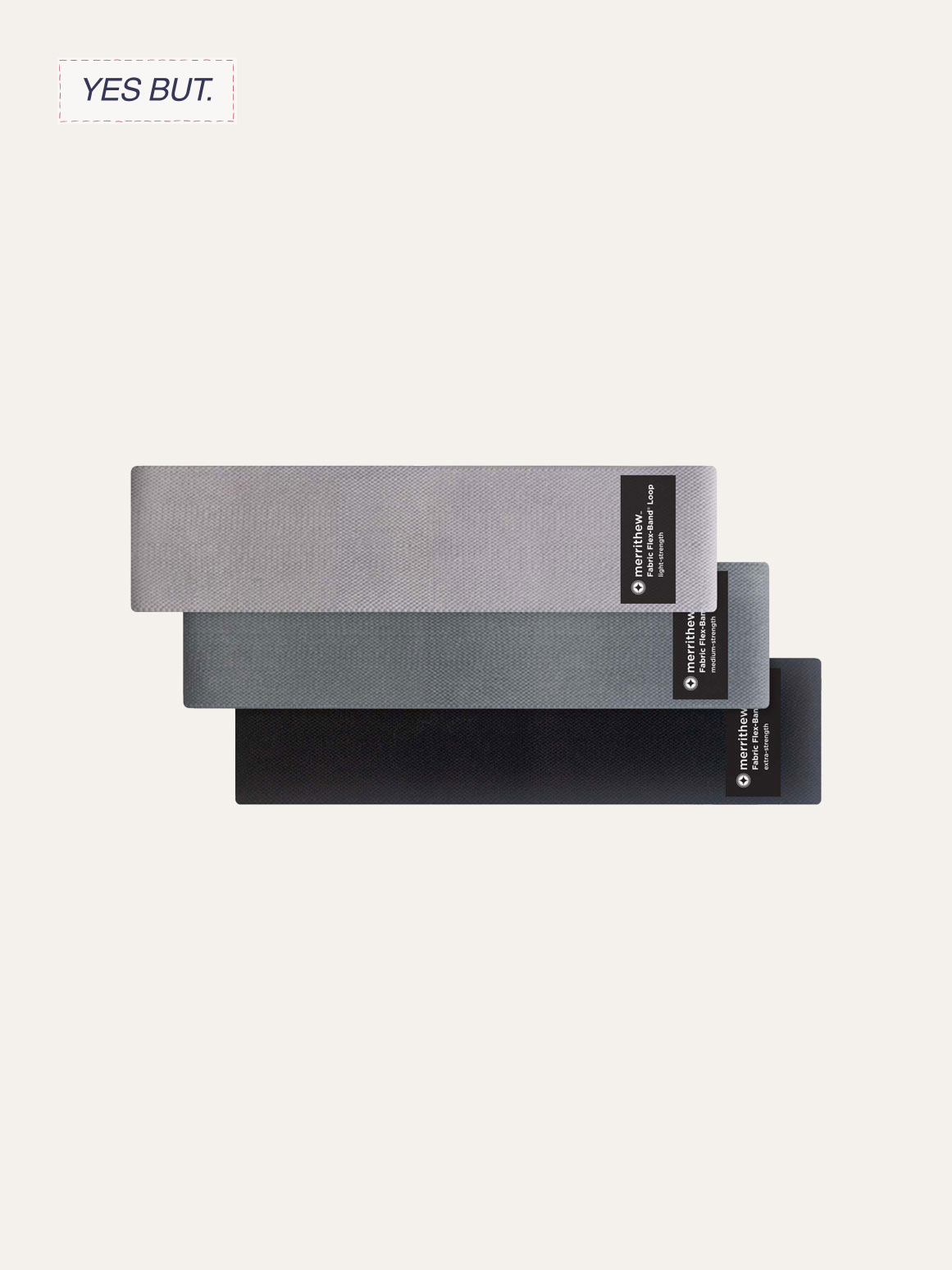Three fabric wristbands stacked on top of each other in shades of gray, with labels indicating they are waterproof, medium strength, and extreme strength.