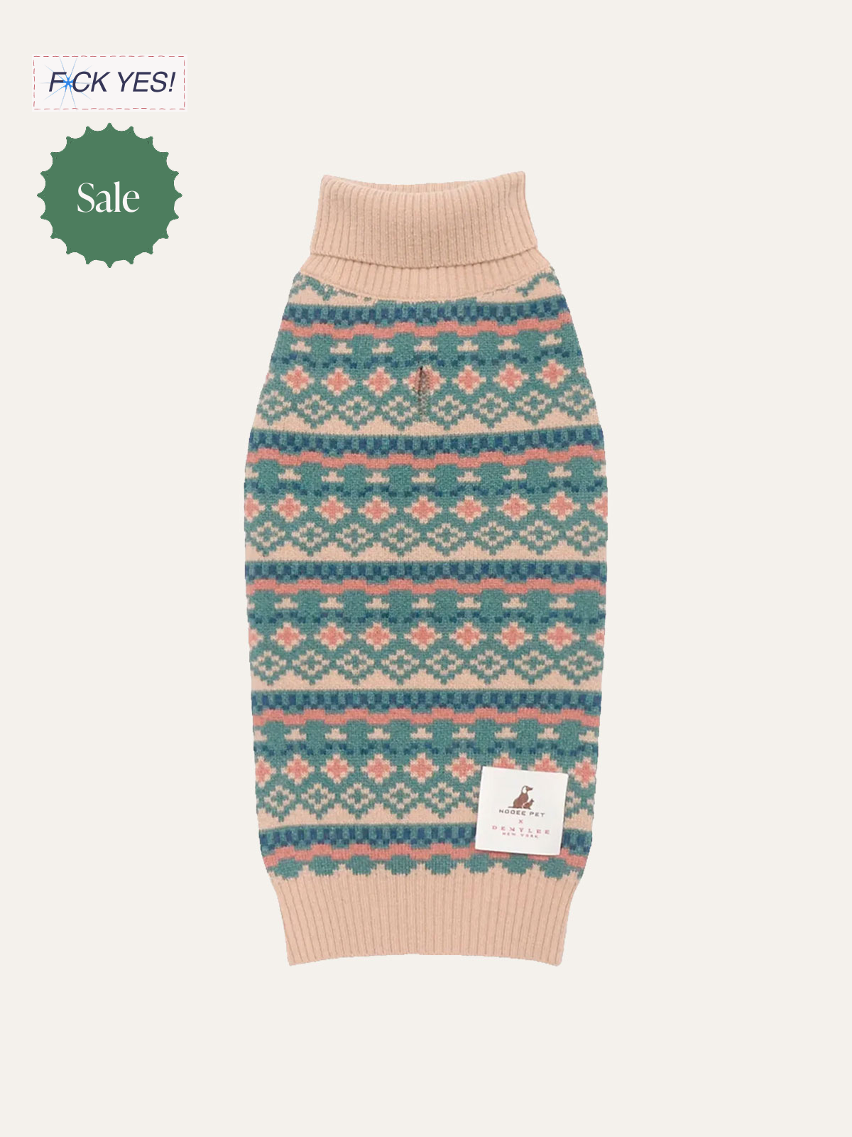 A colorful knitted dog sweater with pink, blue, and beige patterns and a pink ribbed collar and hem.
