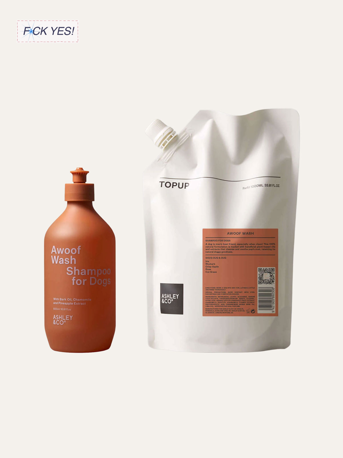 Two bottles of dog shampoo: one small, orange, with a pump top, labeled 'Awoof Wash Shampoo for Dogs'; the other larger, white, with a spout top, labeled 'TopUp' and containing dog shampoo with ingredients and instructions.