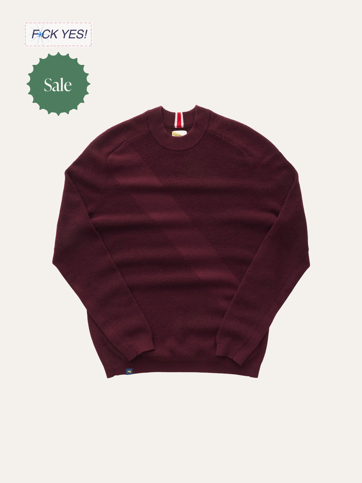 A burgundy crewneck sweater with subtle diagonal stripe pattern on a plain background, with sale and approval icons, and a highlighted 'FCK YES!' in the top left corner.