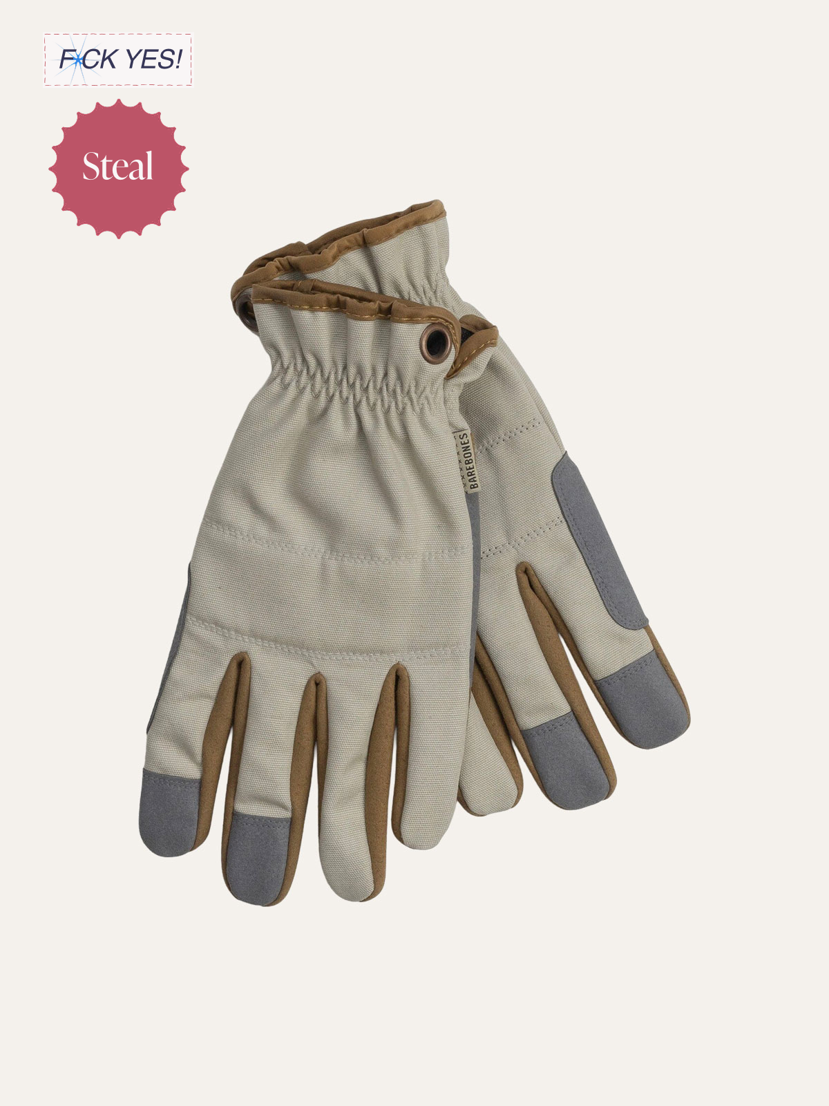 Pair of beige work gloves with gray and brown accents, featuring rubberized fingertips and reinforced palms.