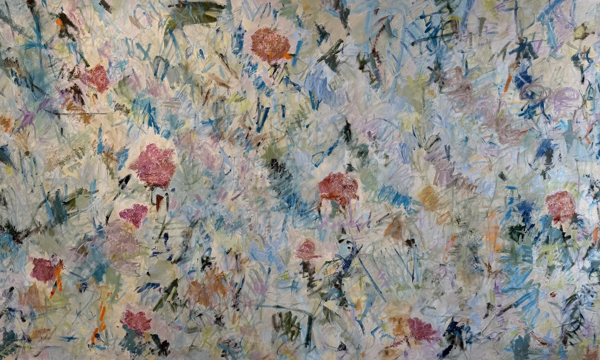 Abstract floral painting with pink, purple, blue, green, black, and orange brushstrokes on a predominantly white background.