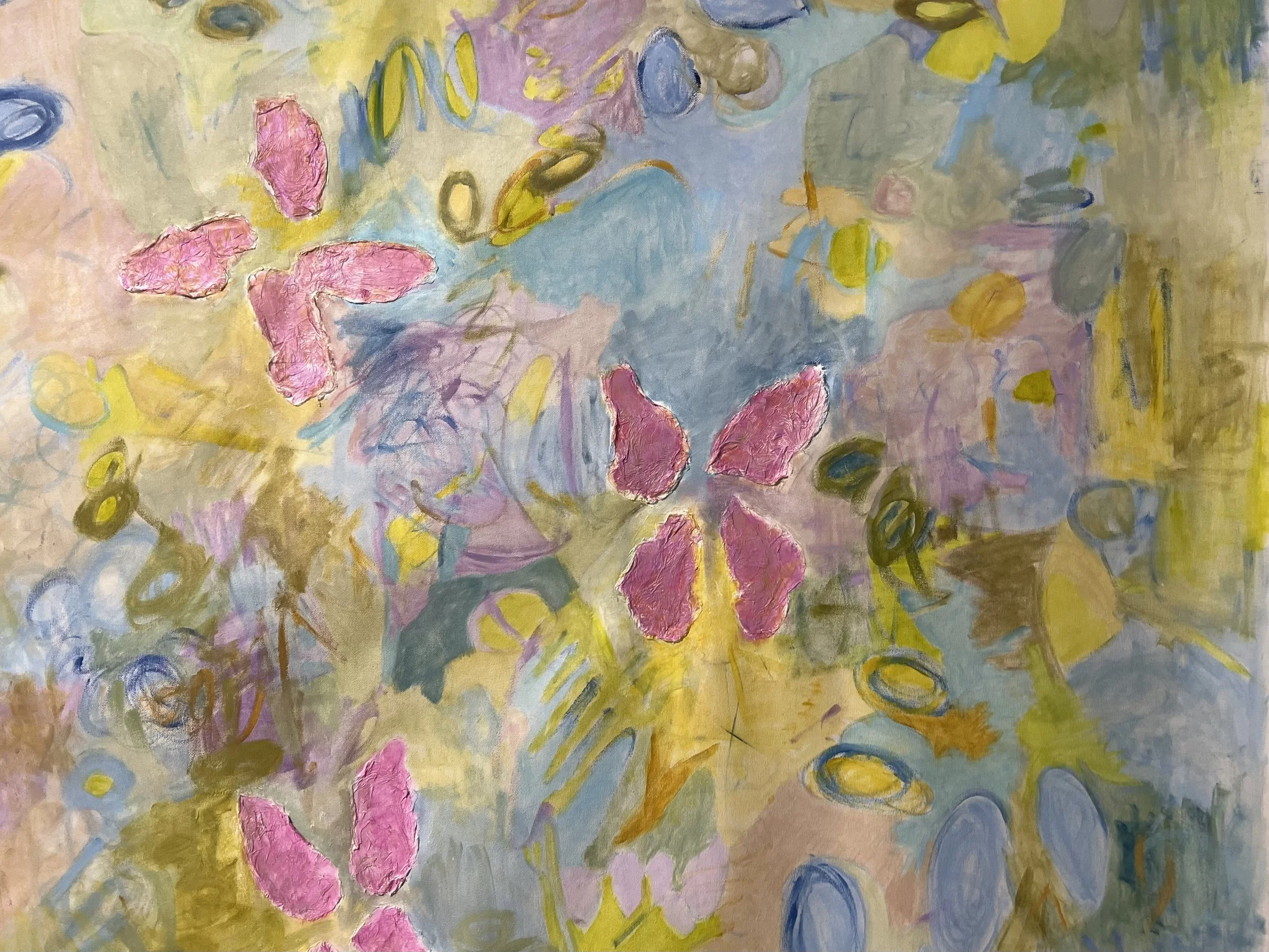 Abstract colorful painting with pink, blue, yellow, and green brushstrokes and textured areas.