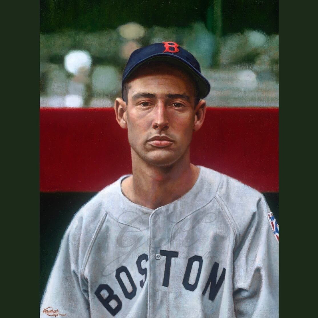 On this day in 1939, Ted Williams made his regular season debut with the Red Sox, going 1 for 4 with a double off of Red Ruffing. Here&rsquo;s my painting depicting him before gametime on that cold afternoon at Yankee Stadium, based on the photograph